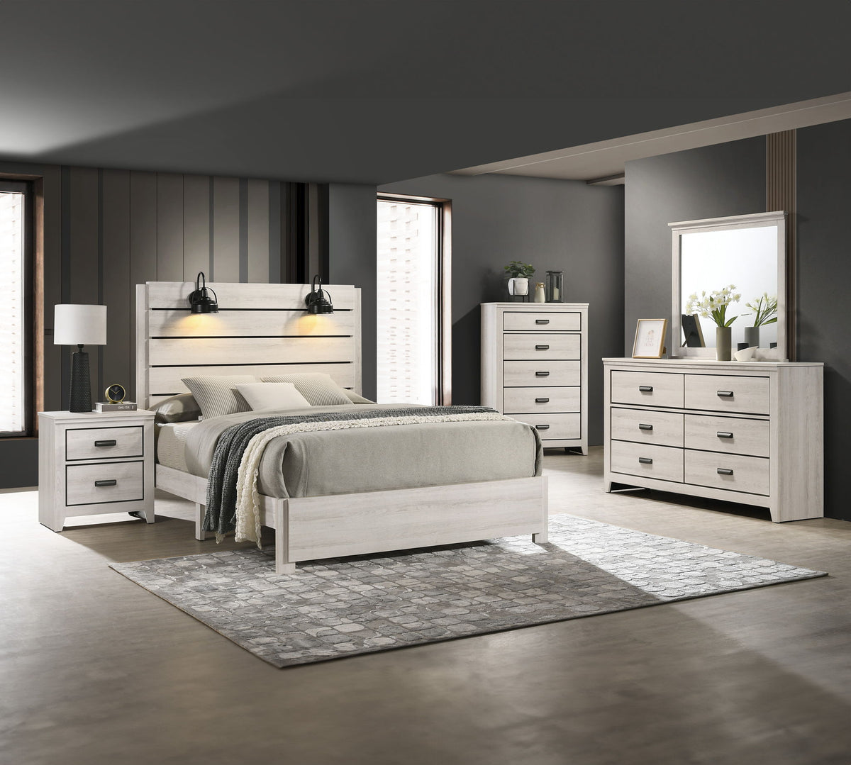 Carter - Bedroom Set - Brown White 5 Pc. Bed, Dresser, Mirror, Chest, Nightstand by Crown Mark | Bel Furniture