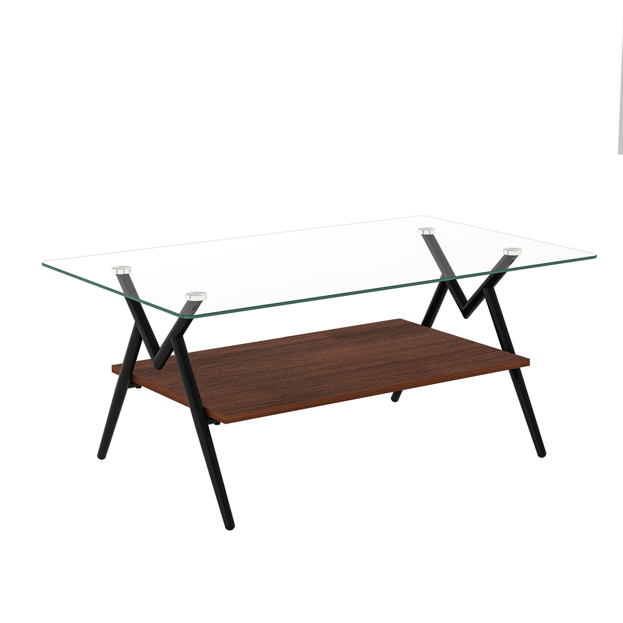 Rectangle Coffee Table With Tempered Glass Top And Shelf, Modern Table For Living Room