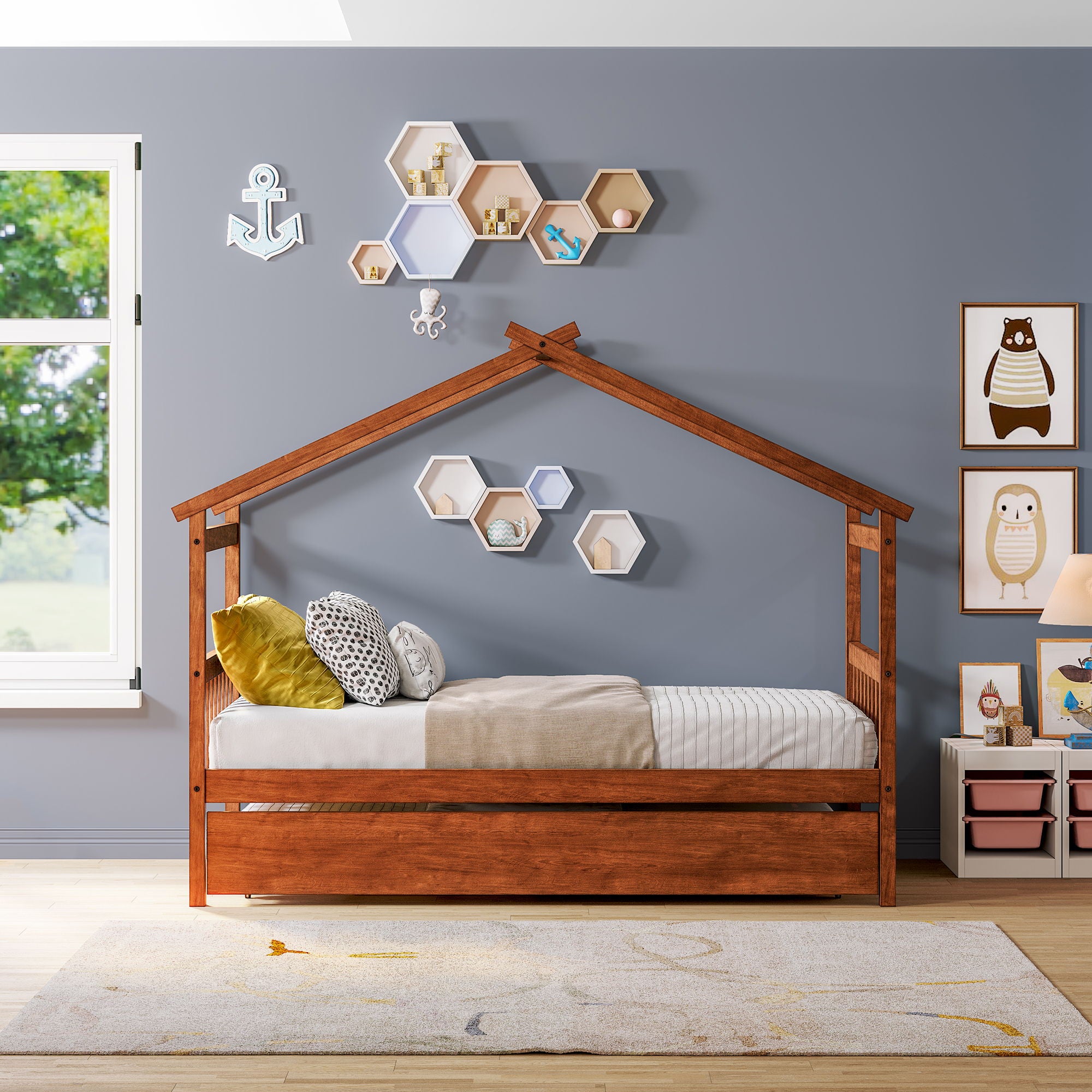 Wooden House Bed With Twin Size Trundle