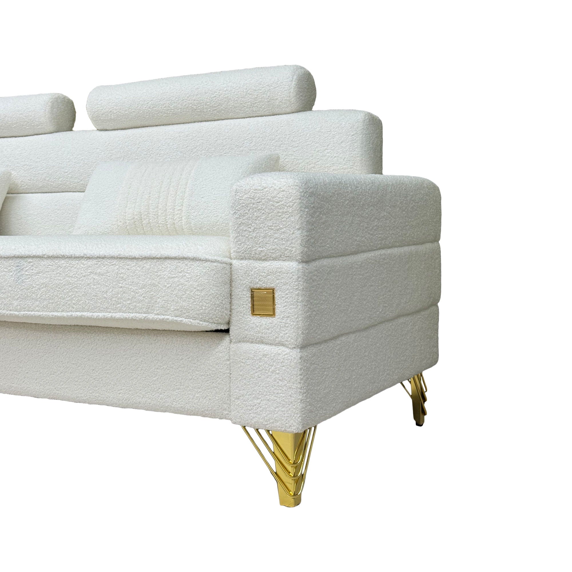 Fx-P15-Wb (Sofa) Elegant Imitation Wool Circle Fabric Sofa With Adjustable Headrests, Contemporary 3-Seat Couch With Gold Legs, Perfect For Living Room And Office Decor (Temu Suitable) - White