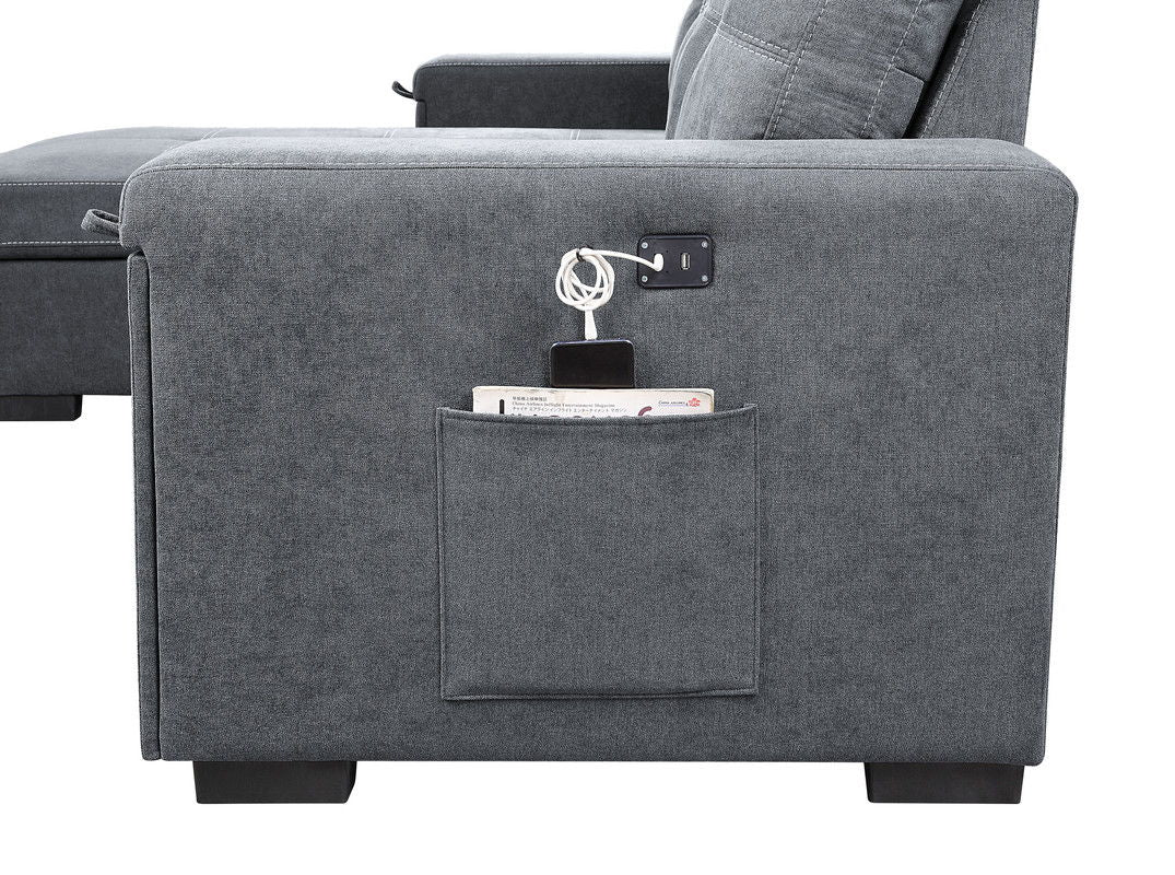 Toby - Woven Fabric Reversible Sleeper Sectional Sofa With Storage Chaise Cup Holder Charging Ports And Pockets