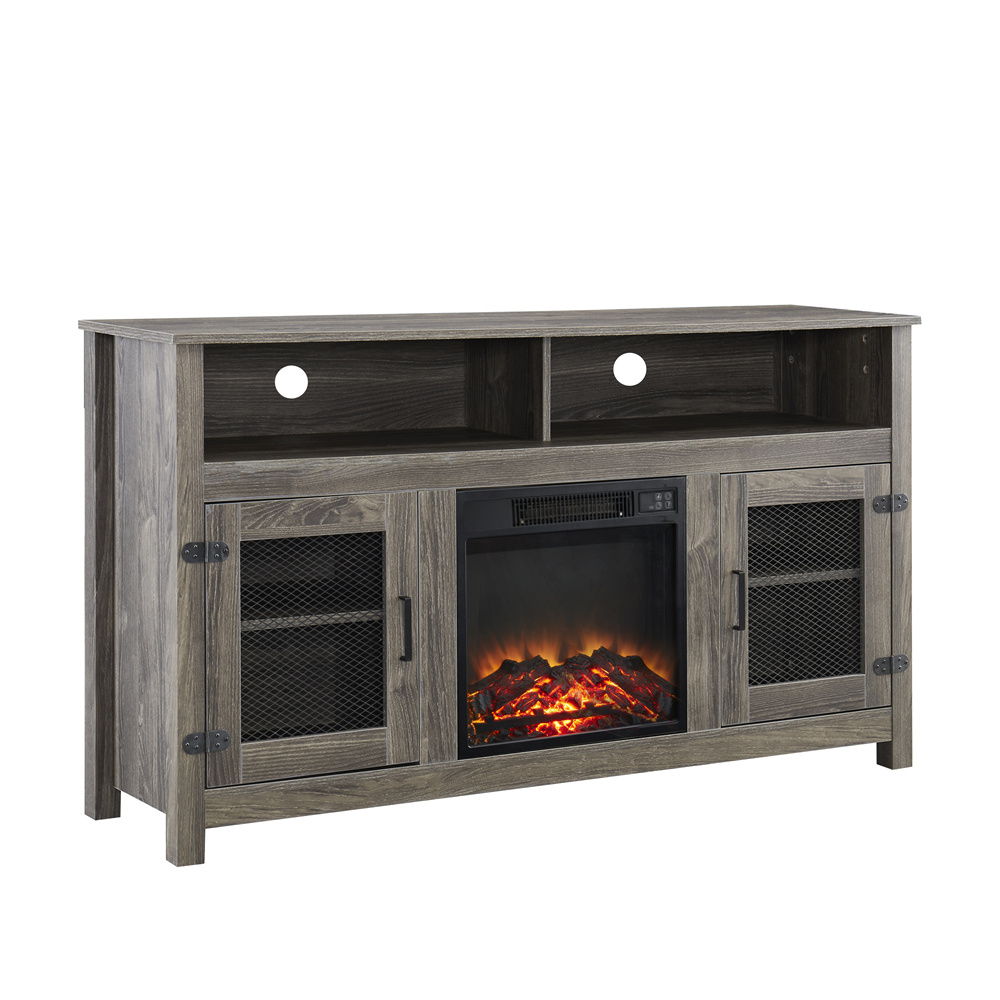 Modern Farmhouse TV Stand With Electric Fireplace, Fit Up To Flat Screen TV With Storage Cabinet And Adjustable Shelves Industrial Entertainment Center For Living Room - Gray