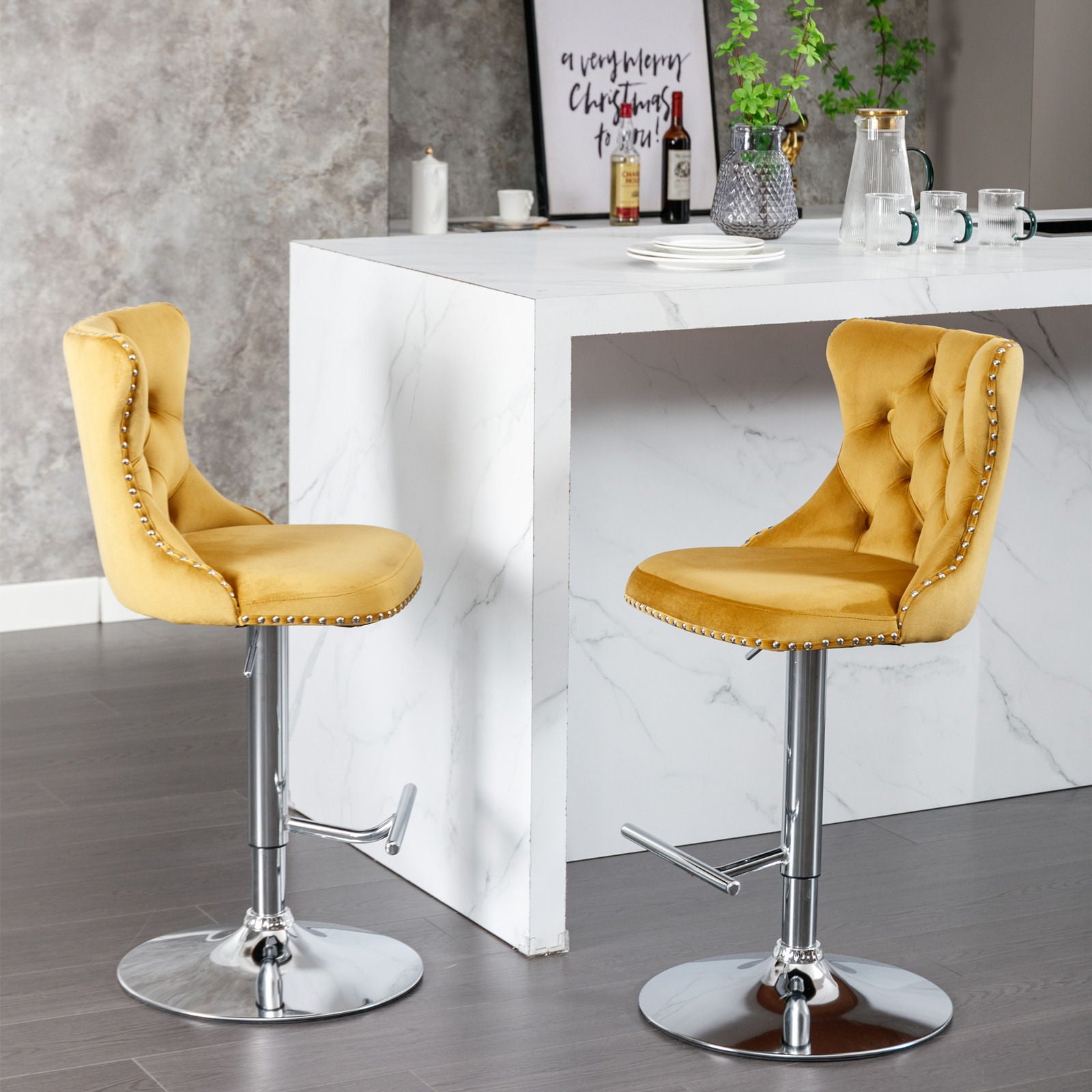 Swivel Velvet Barstools Adjusatble Seat Height From 25-33", Modern Upholstered Chrome Base Bar Stools With Backs Comfortable Tufted For Home Pub And Kitchen Island (Set of 2)