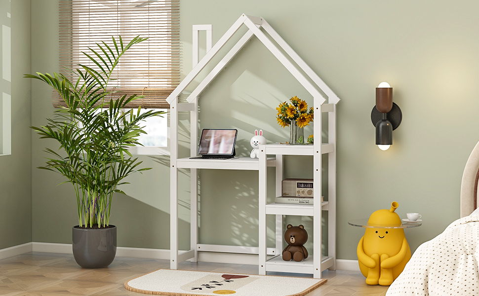 House-Shaped Wooden Writing Desk, Kids Study Table, Bookshelf & Toy Storage