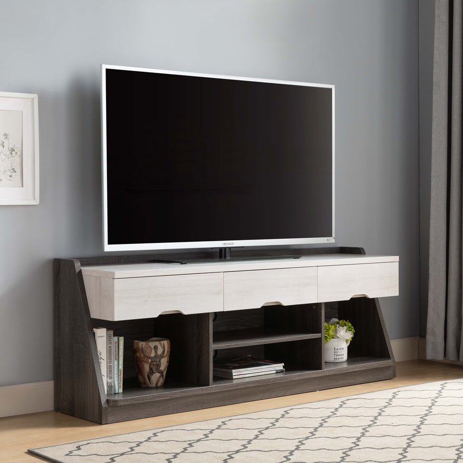 TV Console With 3 Drawers, 4 Shelves For Storage - White Oak / Distressed Gray