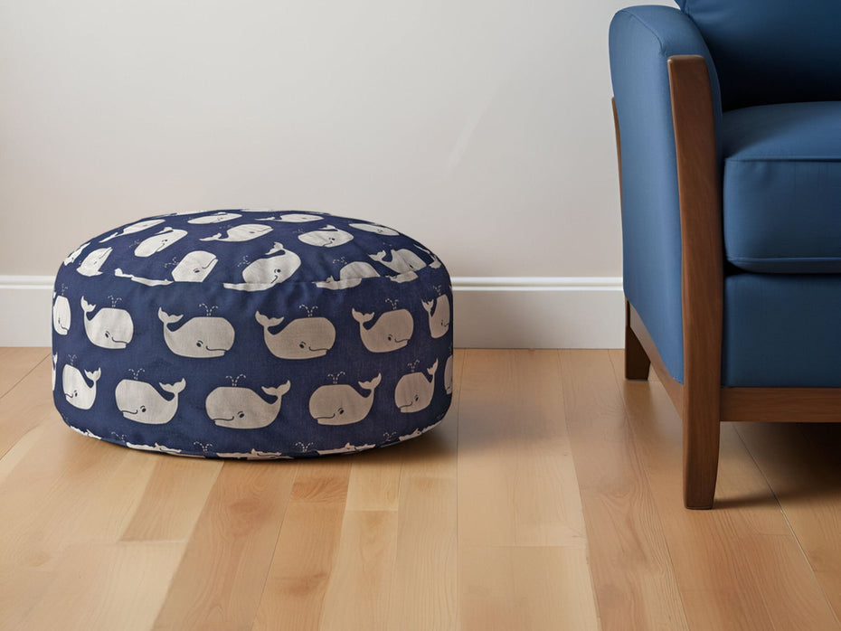 Twill Round Animal Print Pouf Ottoman - Blue / White