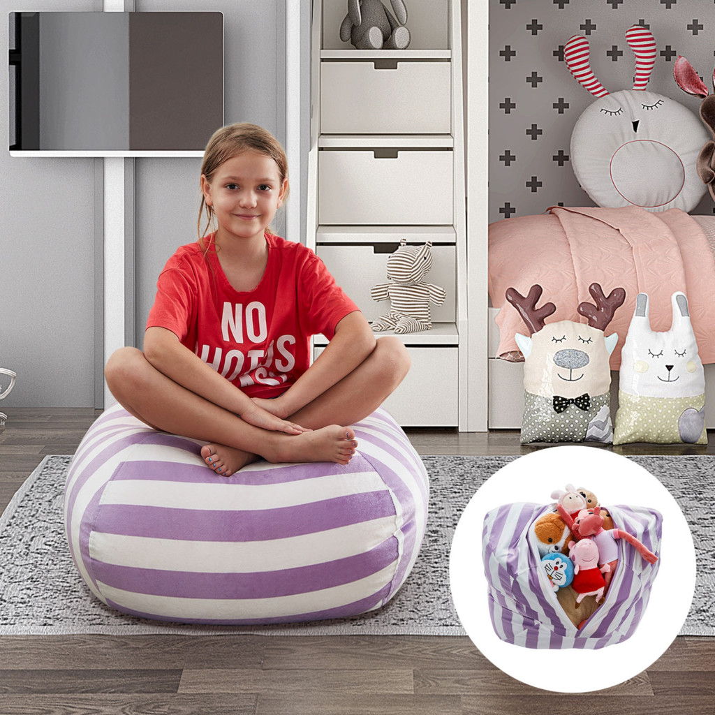 Microfiber Round Striped Pouf Cover - Purple / White