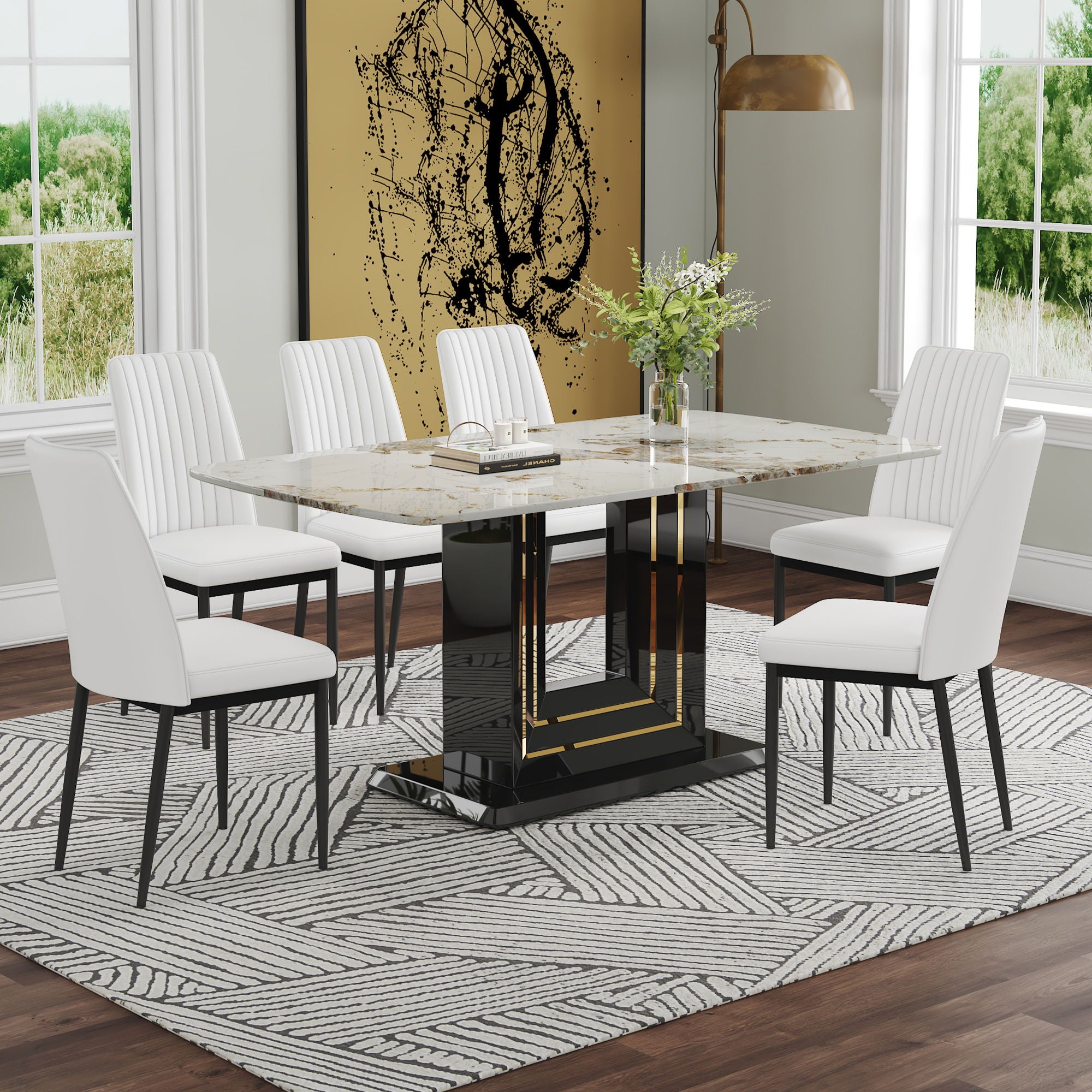 7 Piece Faux Marble Dining Table Set, Glass Rectangular Kitchen Table For 6 - 8, Modern Faux Marble Dining Room Table With MDF Base, Dining Table & 6 Chairs - White