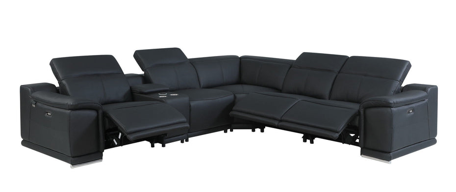 Italian Leather Power Reclining U Shaped Six Piece Corner Sectional With Console - Black