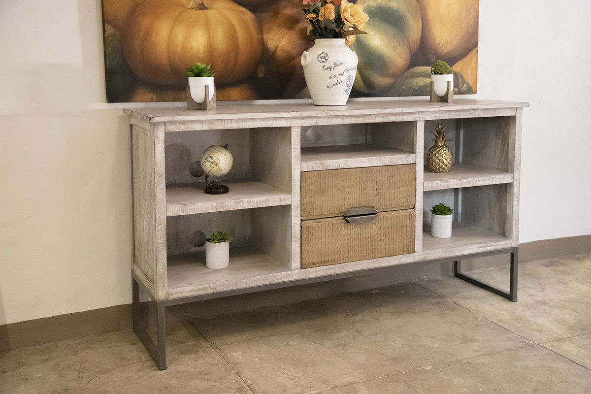 Solid Wood Open Shelving Distressed TV Stand - Light Gray