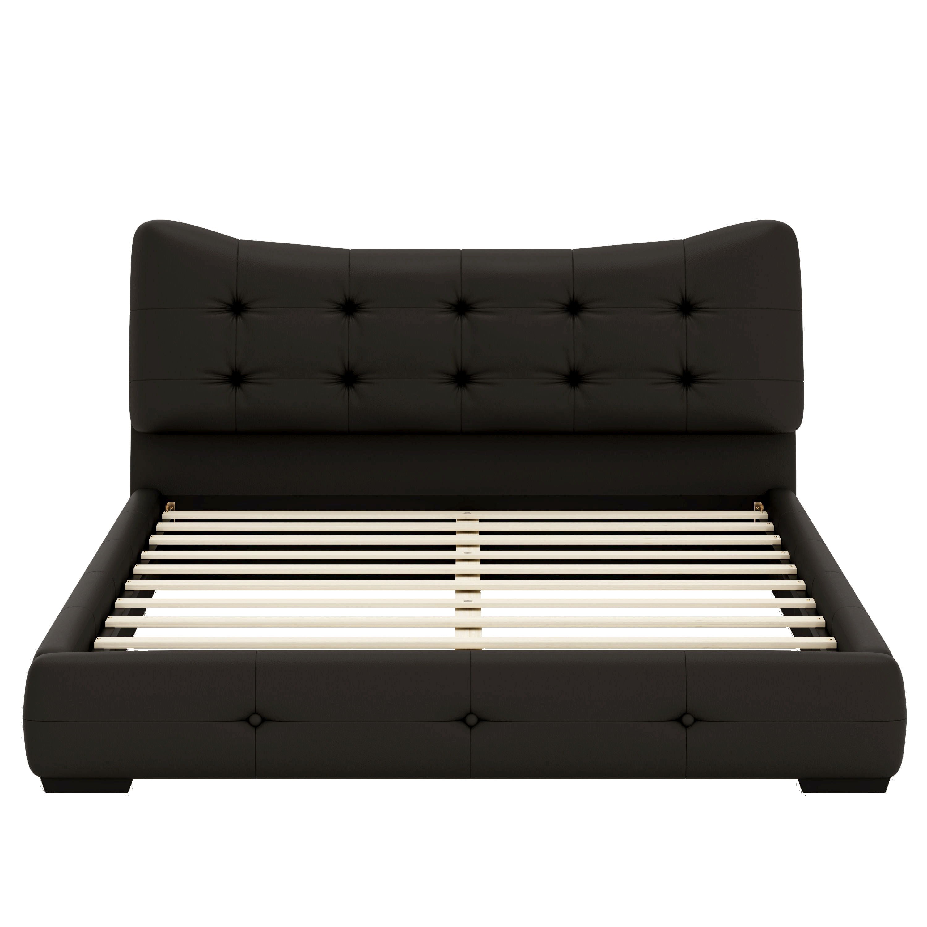 Queen Bed Modern PU Upholstered With Ergonomic Wingback Headboard, No Box Spring Needed - Black