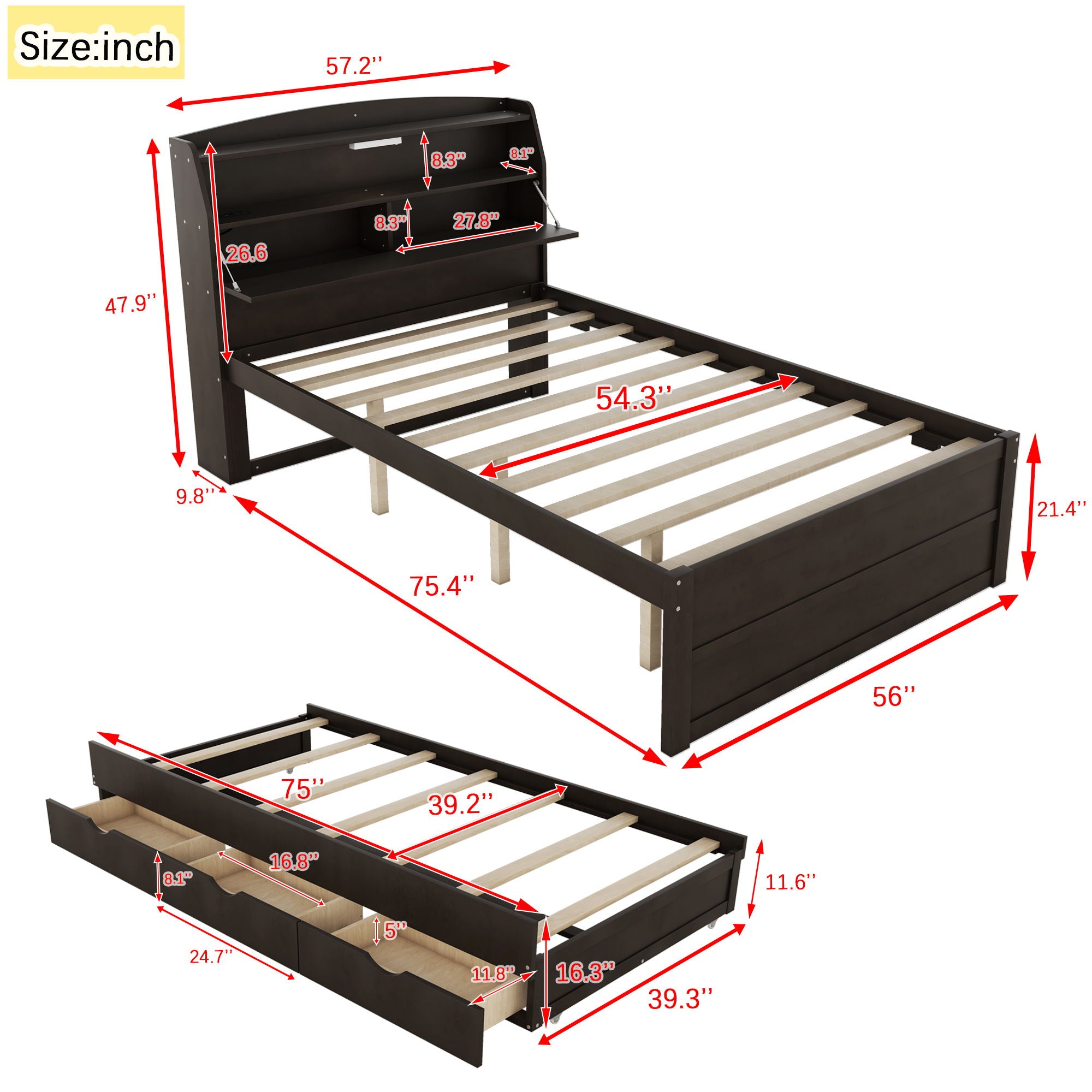 Wooden LED Platform Bed With Trundle, With Storage Headboard, With Drawers