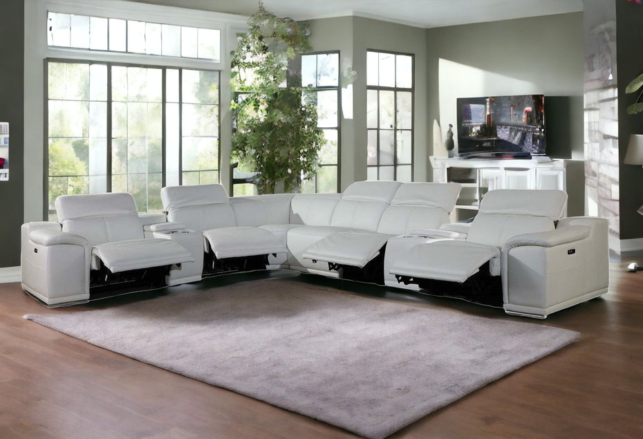 Italian Leather Power Reclining With Console U Shaped Eight Piece Corner Sectional - White