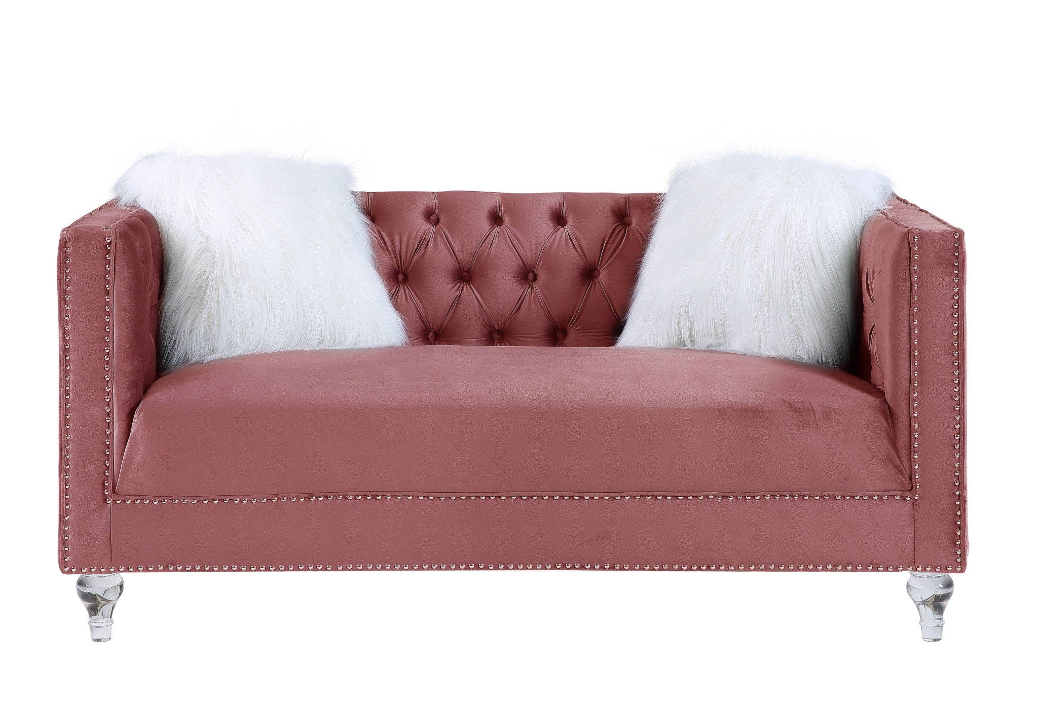 Velvet Love Seat And Toss Pillows - Pink / Silver