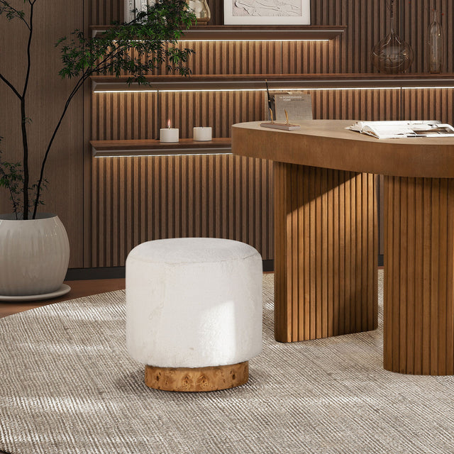 Tilly - Round Fur Upholstered / Burl Pouf Ottoman - White by Jennifer Taylor Home | Bel Furniture