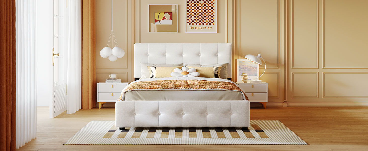 Upholstered Platform Bed With Classic Headboard And 4 Drawers, No Box Spring Needed