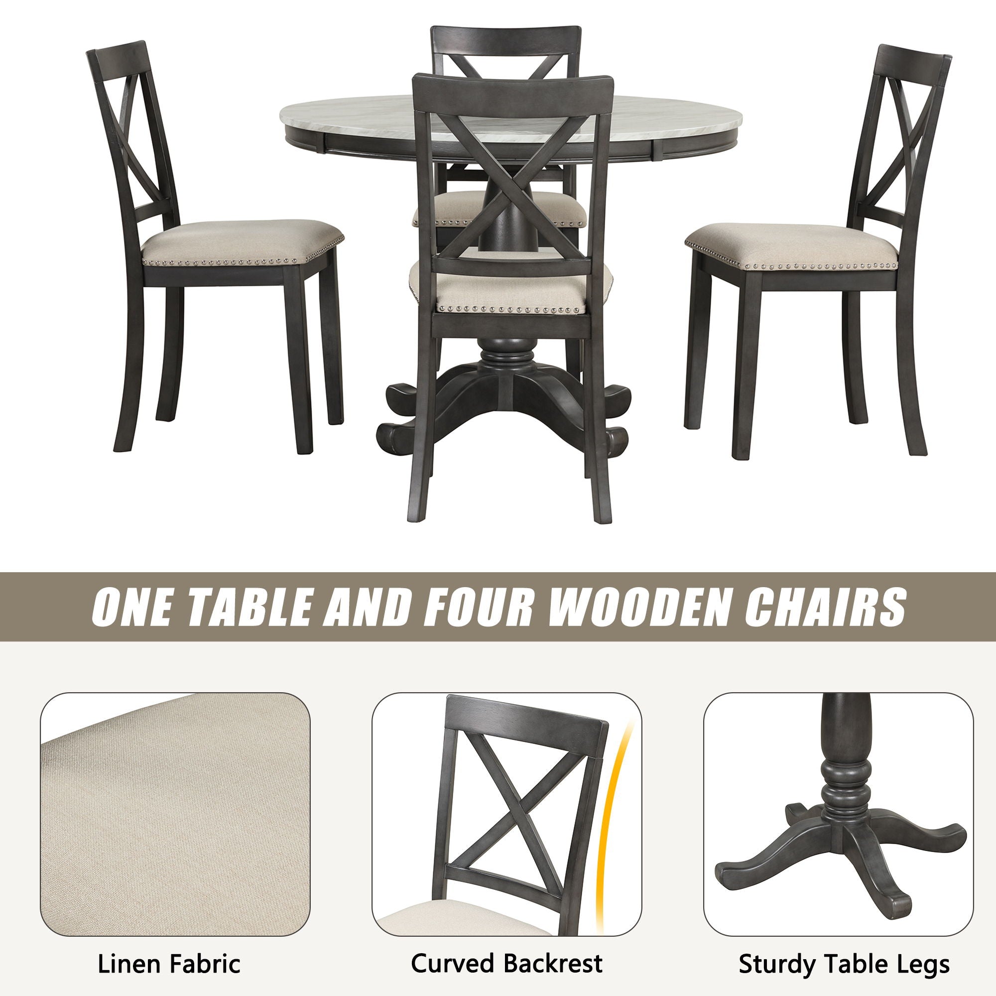 5 Pieces Dining Table And Chairs Set For 4 Persons, Kitchen Room Solid Wood Table With 4 Chairs