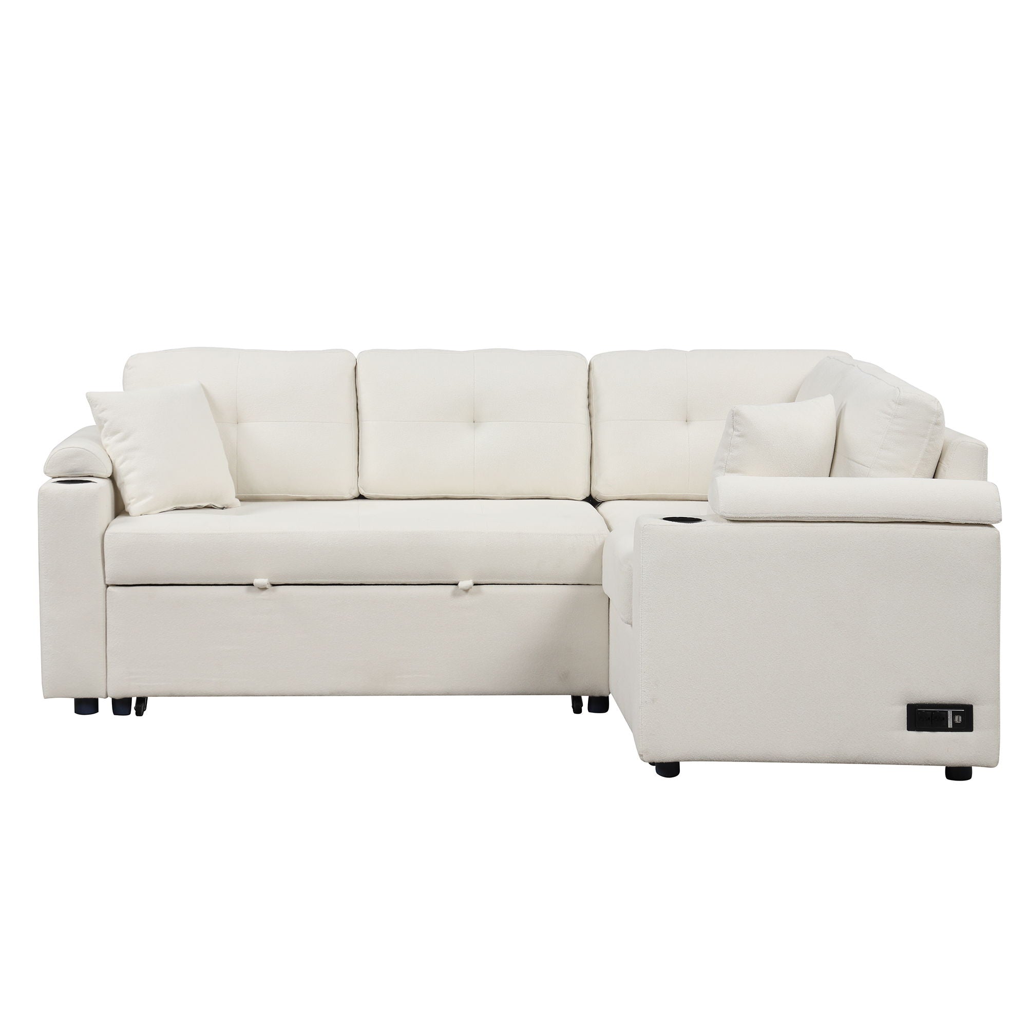 L-Shape Sofa Bed Pull-Out Sleeper Sofa With Wheels, USB Ports, Power Sockets For Living Room