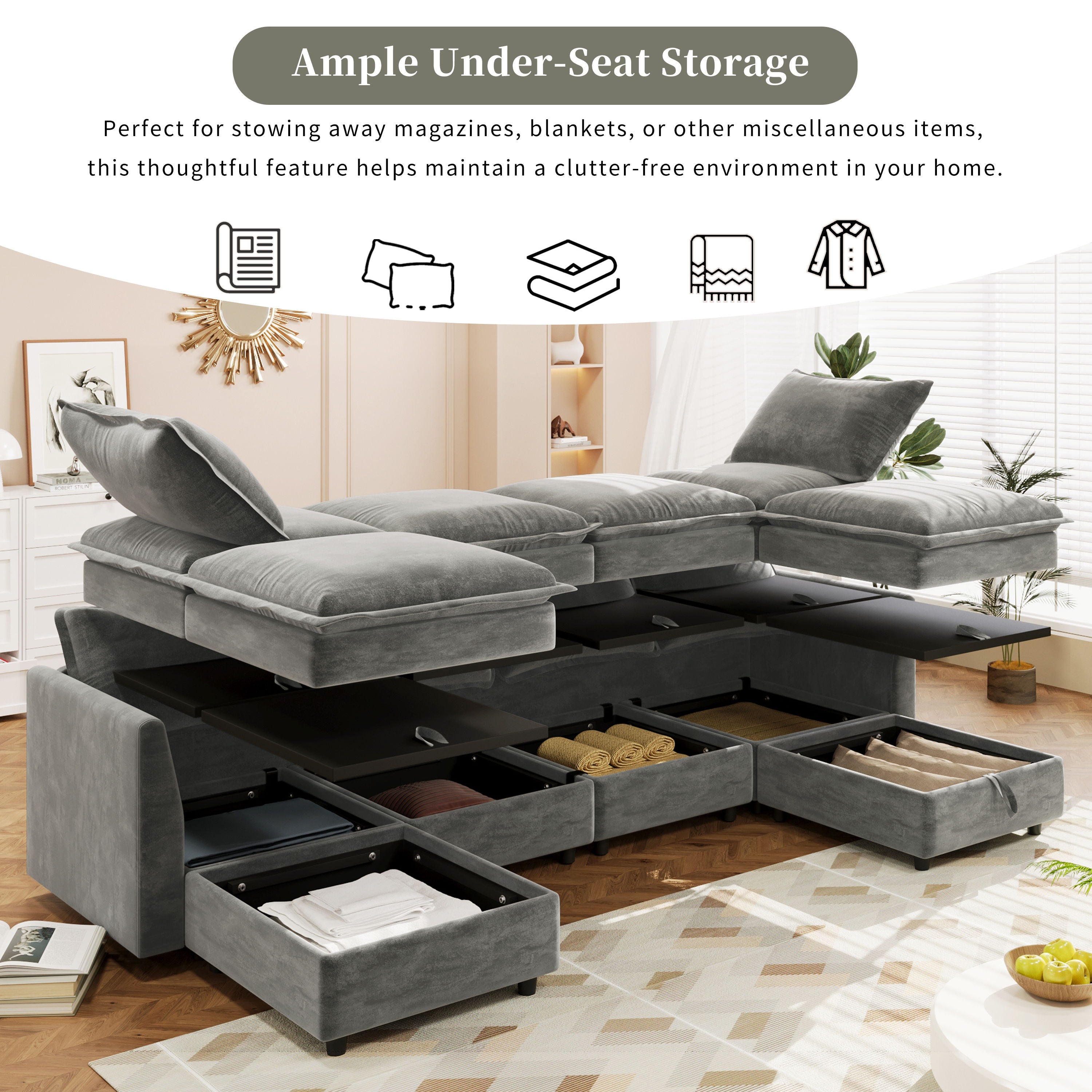 Versatile 6 Piece Modular Sofa Bed With Storage, Stylish Faux Double Layer Cushions, Comfortable & Durable Design, Perfect For Any Living Space