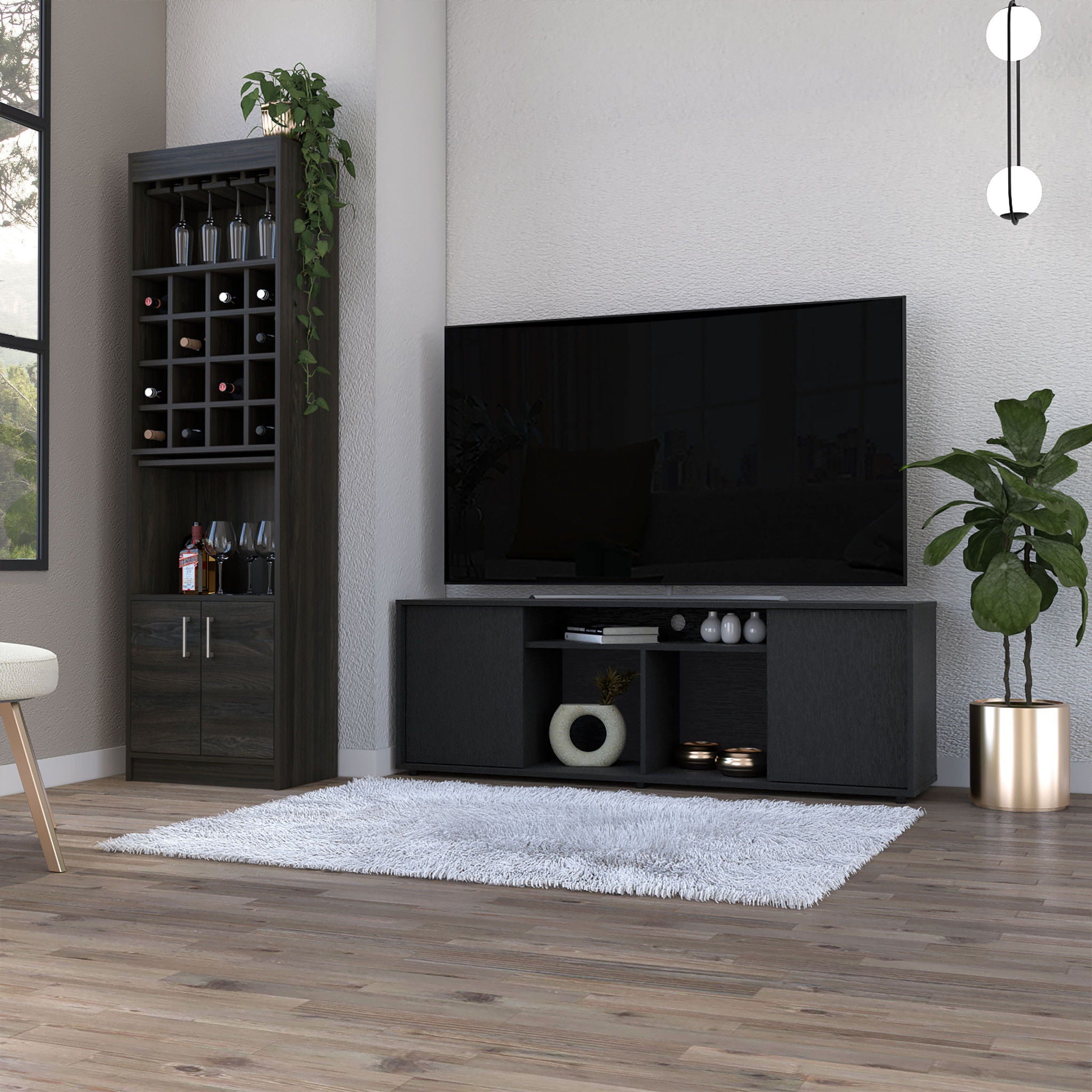 Cabinet Enclosed Storage TV Stand - Brown / Black