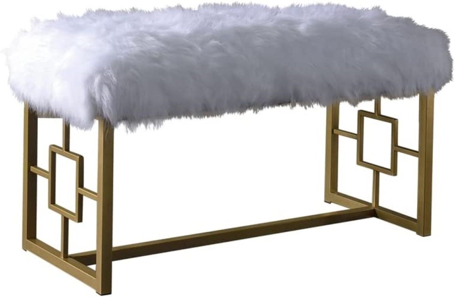 Faux Fur Bench Upholstered - White / Gold