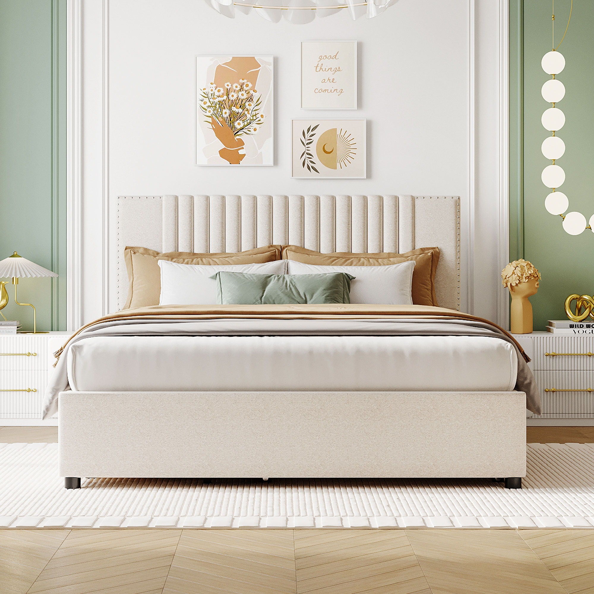 Upholstered Platform Bed With 2 Drawers And 1 Trundle, Classic Headboard Design