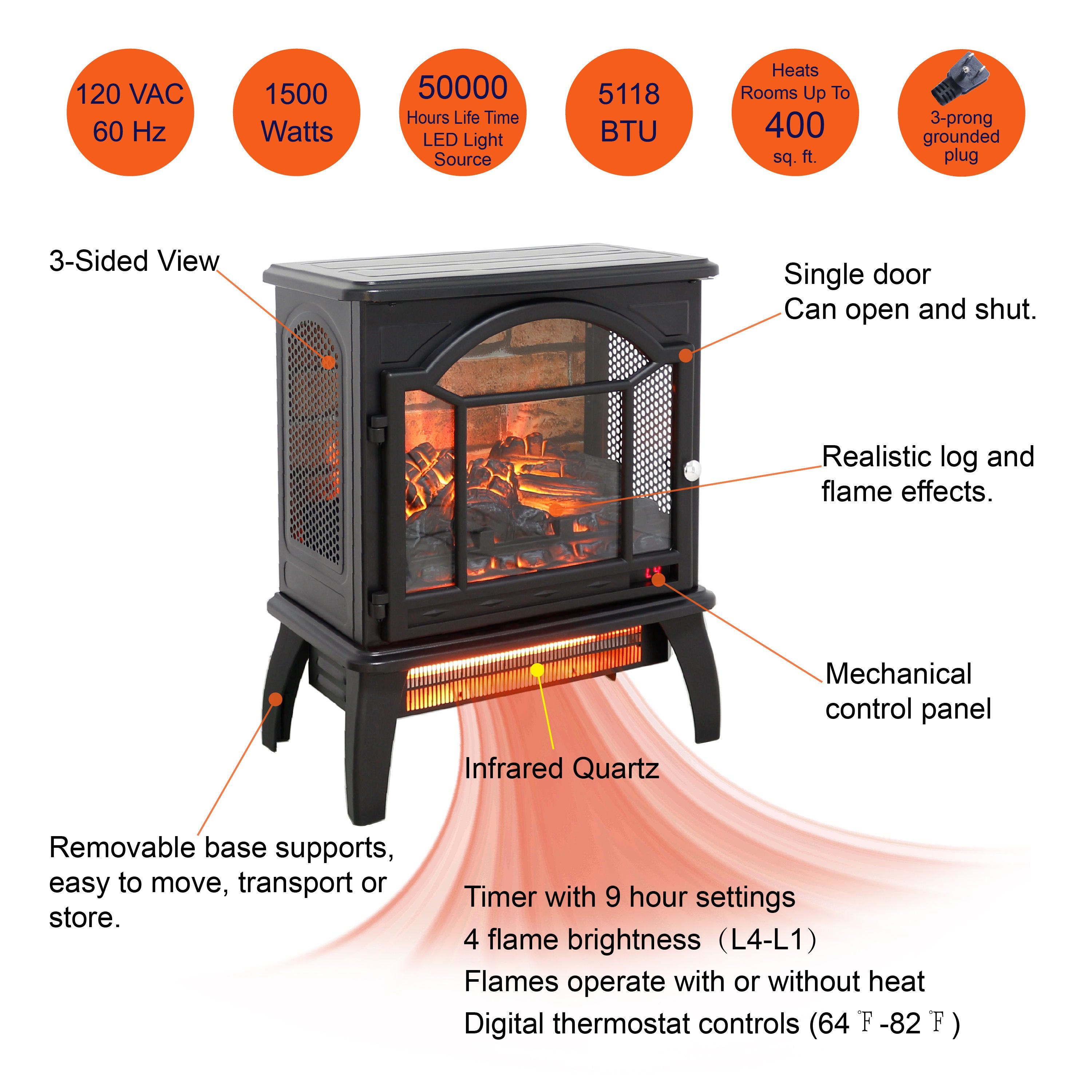 3D Flame Electric Infrared Quartz Fireplace Stove With Remote Control