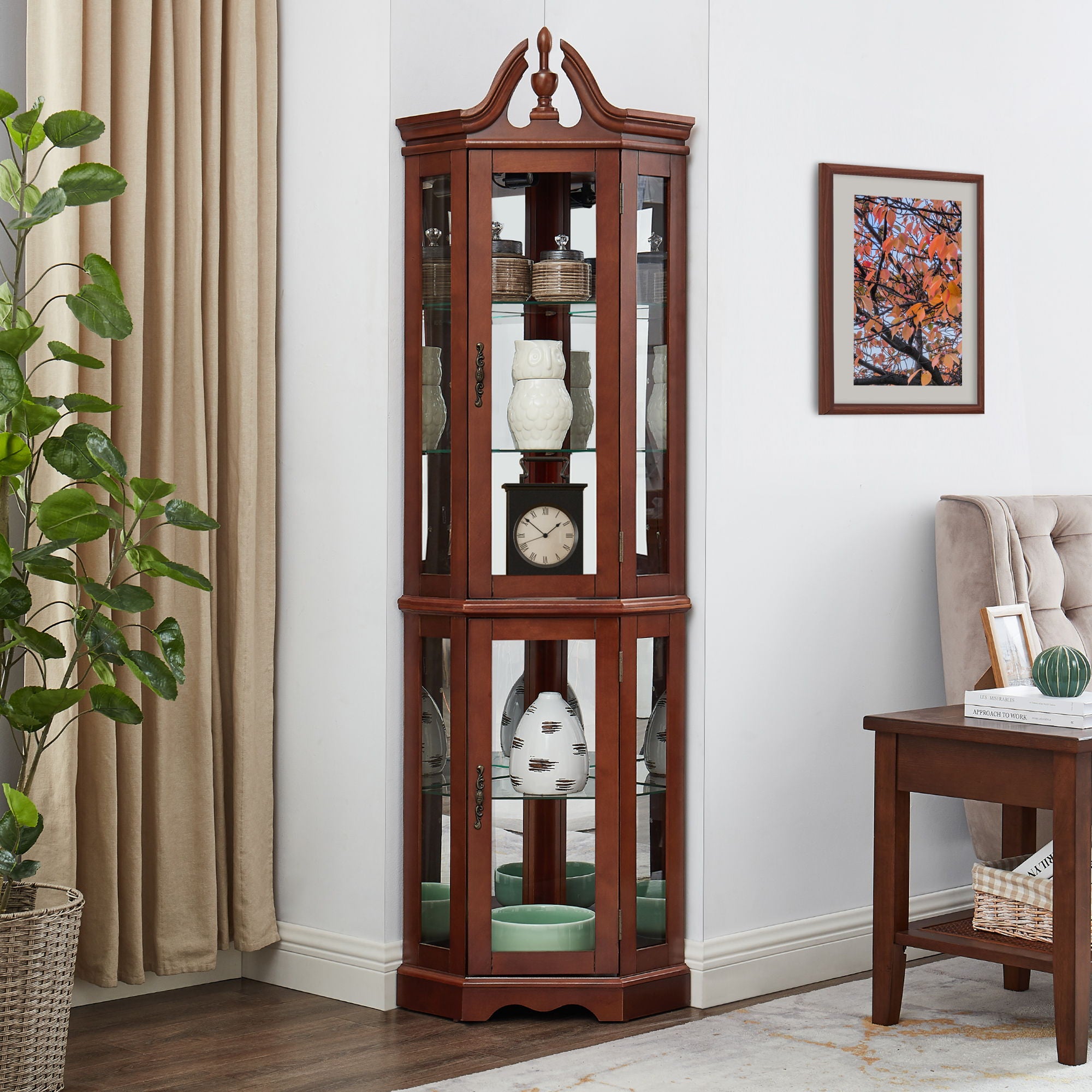 Corner Curio Cabinet With Lights, Adjustable Tempered Glass Shelves, Display Cabinet (E26 Light Bulb Not Included) - Mirrored / Walnut