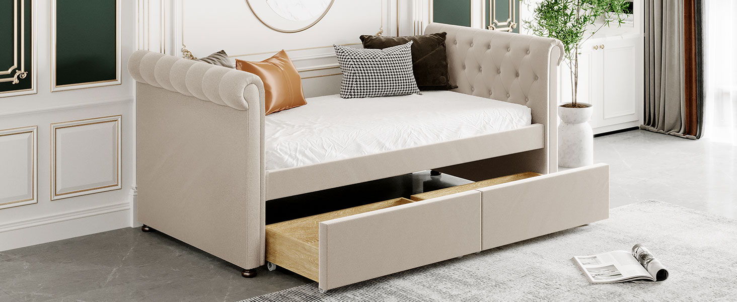 Upholstered Daybed With Drawers, Wood Slat Support