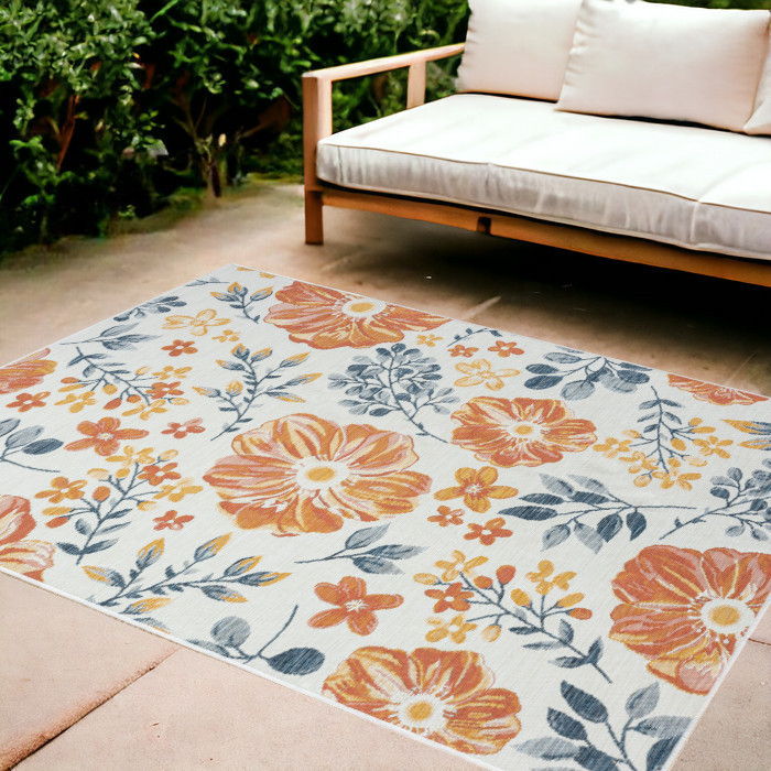 8' X 10' Floral Stain Resistant Indoor / Outdoor Area Rug - Ivory Orange / Blue