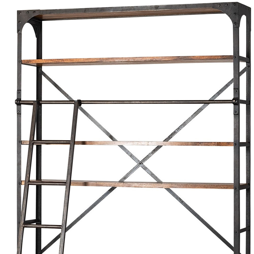 Wood Shelving Unit With Copper Ladder And 4 Shelves - Medium Brown