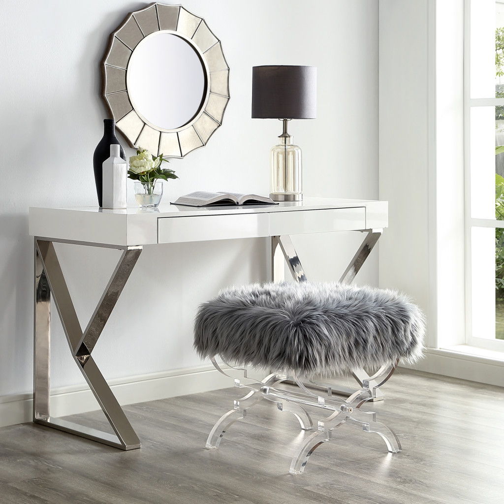 Faux Fur Ottoman - Gray / Clear