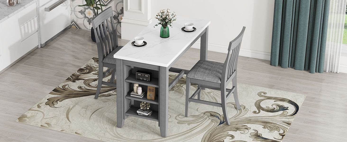 3-Piece Counter Height Dining Table Set With Built-In Storage Shelves, One Faux Marble Top Dining Table And 2 Counter Chairs With Footrest - Gray