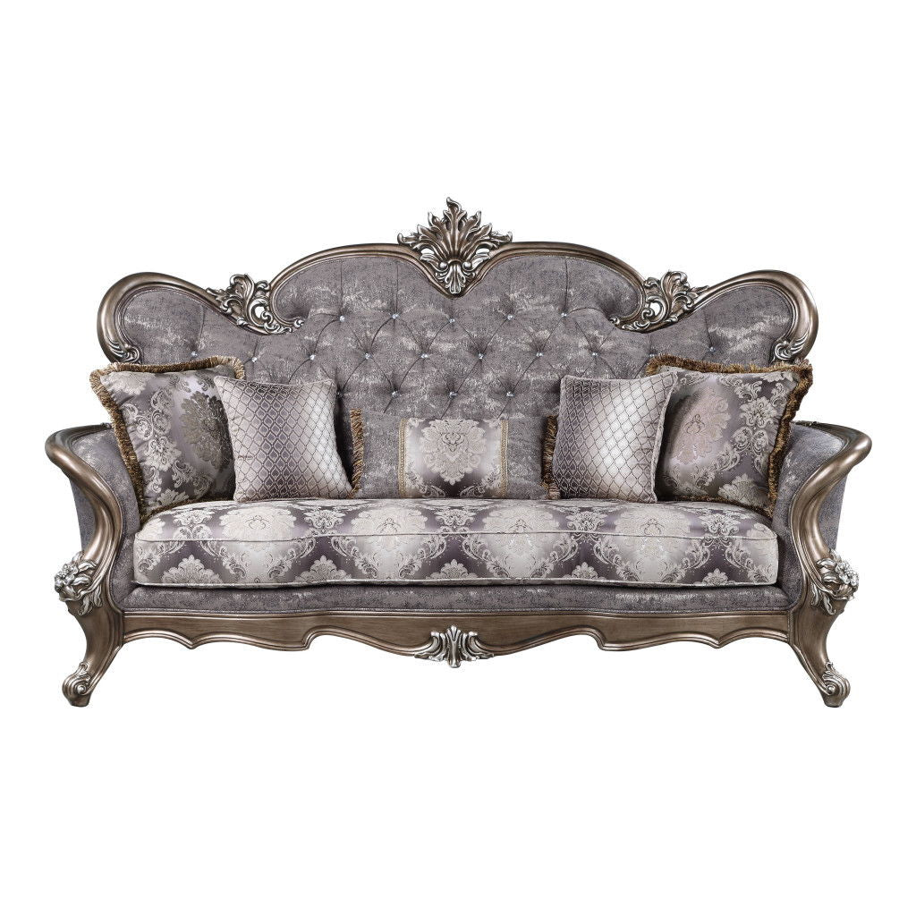 Cotton Blend Damask Sofa And Toss Pillows With Bronze Legs - White