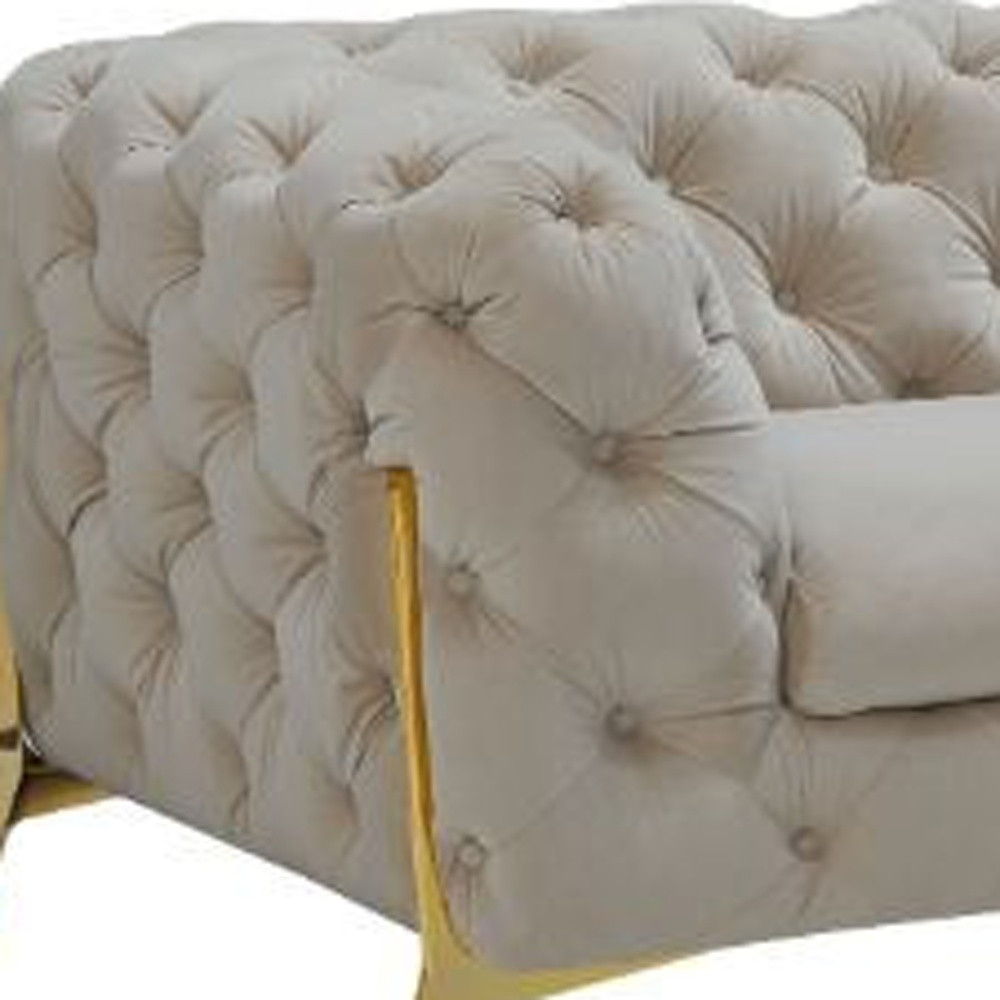 Velvet Chesterfield Sofa & Gold Legs - Beige