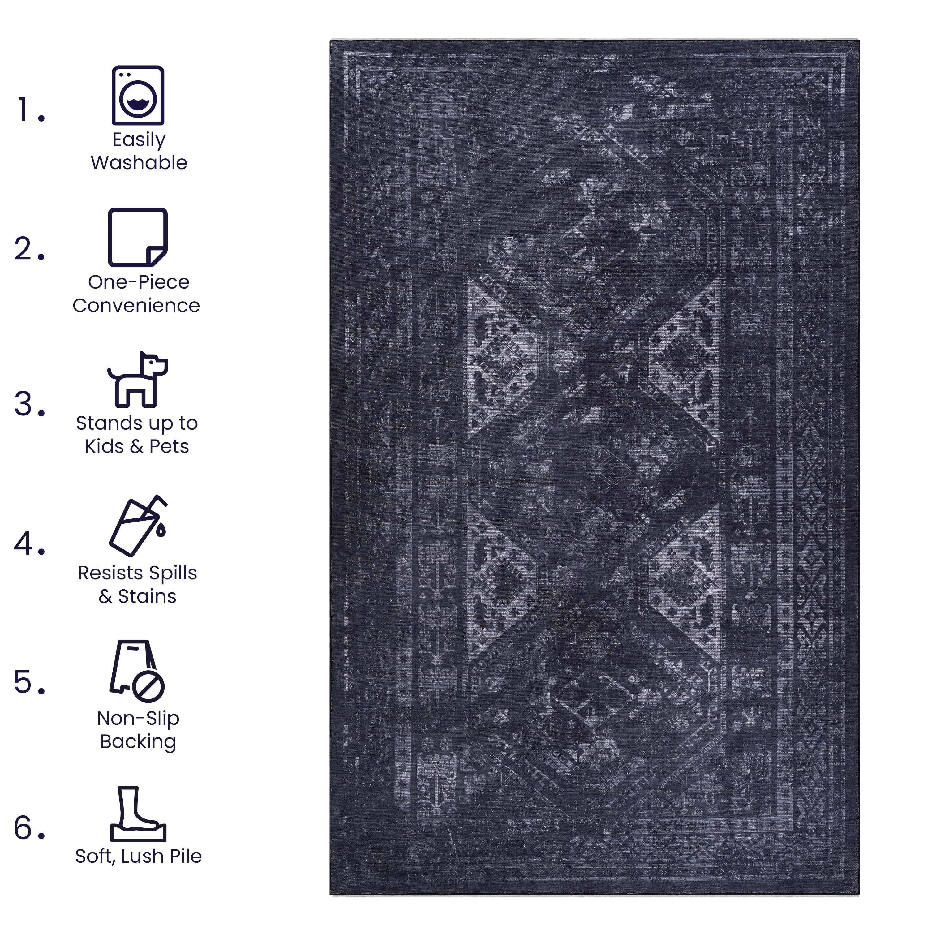 2'6'' X 10' Area Rugs, Washable, Low-Pile, Non-Slip, Non-Shedding, Foldable, Kid & Pet Friendly - Black / Gray