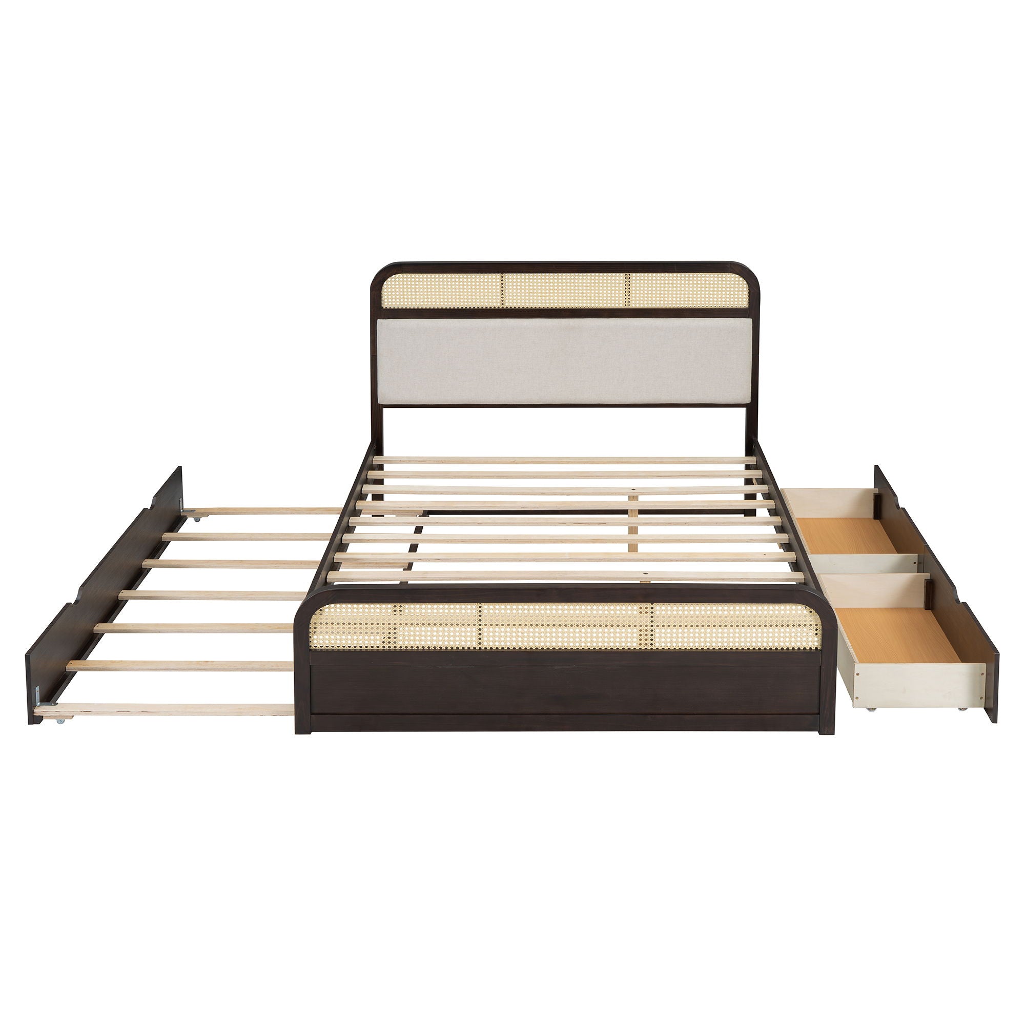 Wooden Platform Bed With Trundle And 2 Drawers