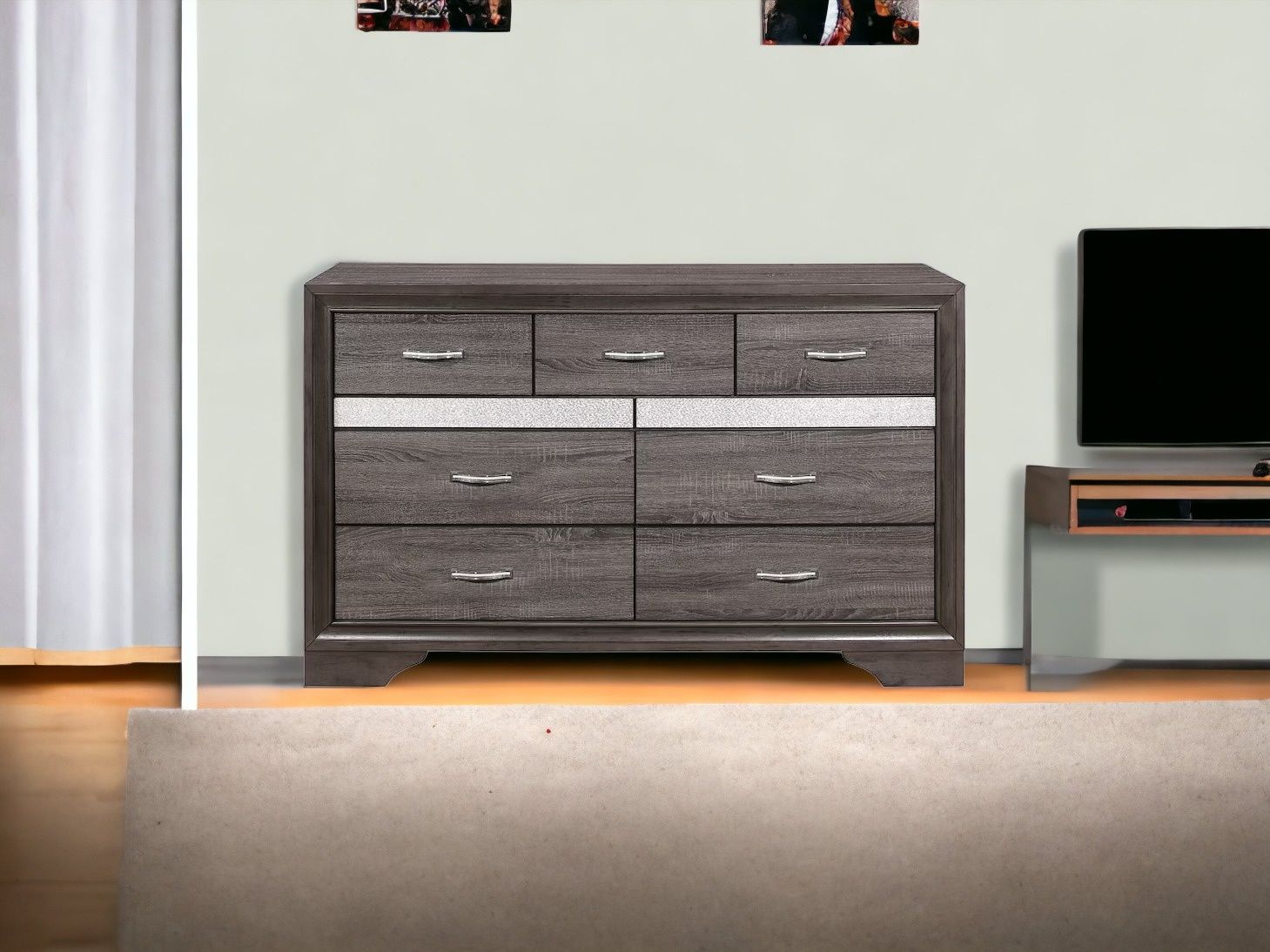 Wood Nine Drawer Double Dresser - Gray