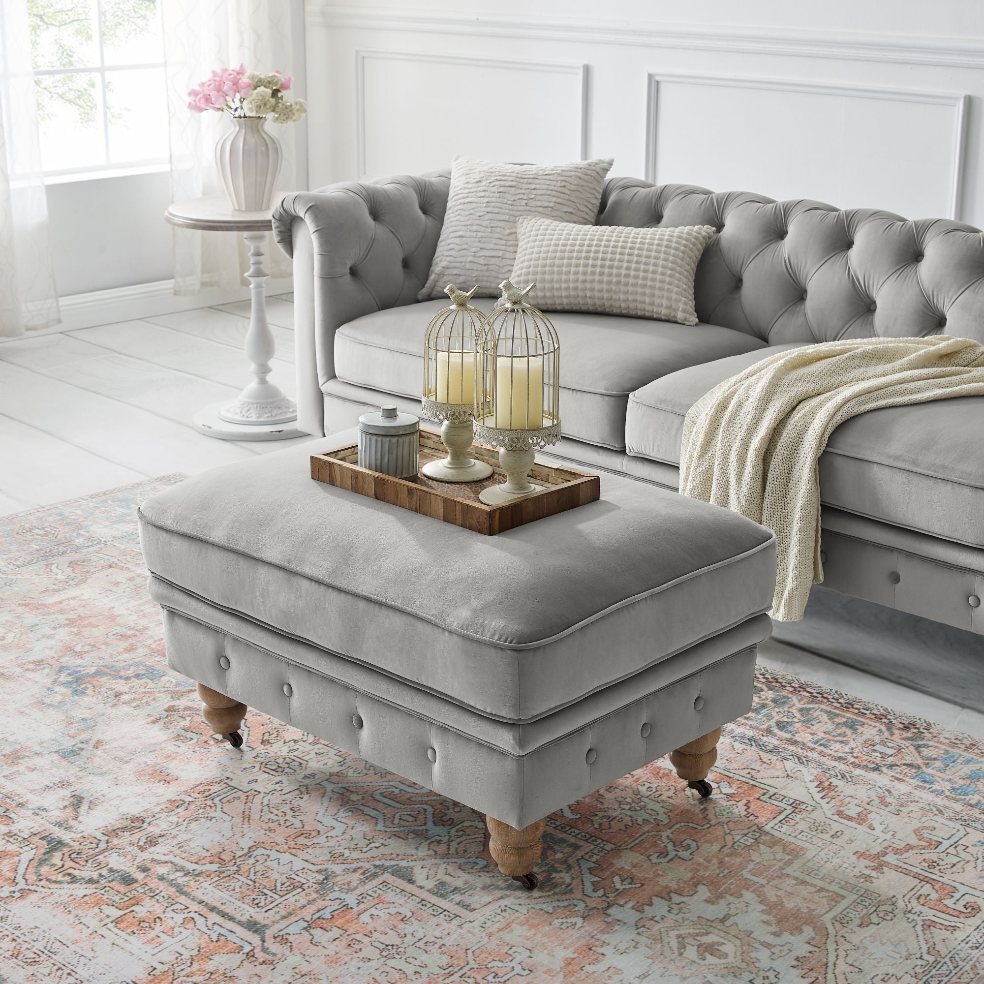 Tufted Velvet And Natural Rolling Cocktail Ottoman - Gray