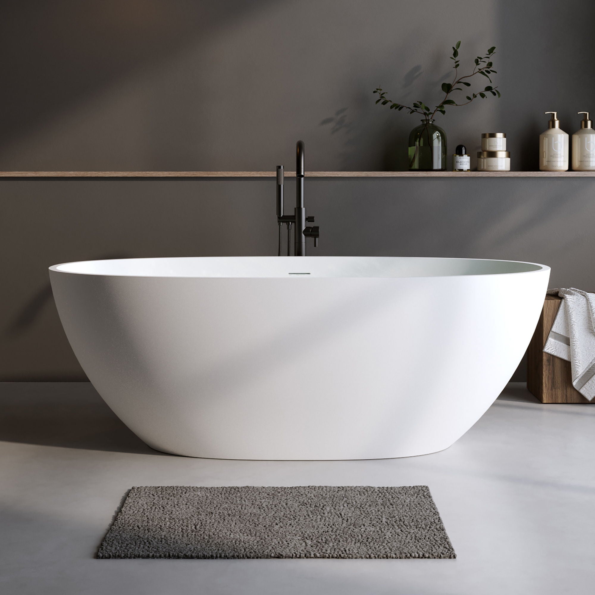 Solid Surface Matte Tub, Solid Surface Soaking Tub, Stone Resin Freestanding Bathtub, Thick Edge Stand Alone Tubs With Overflow, Pop-Up Drain (Oval) - Matte White