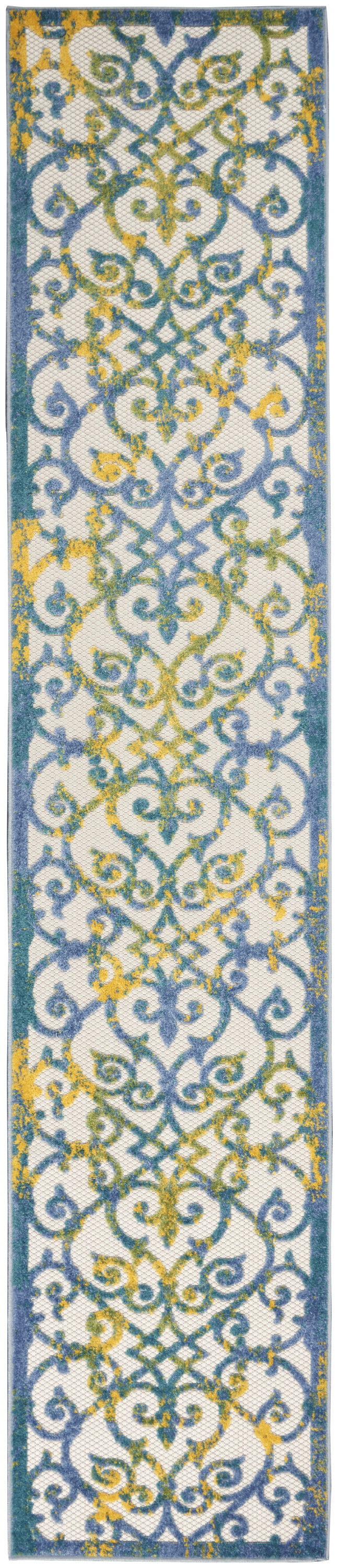 2' X 12' Damask Non Skid Indoor / Outdoor Runner Rug - Ivory / Blue