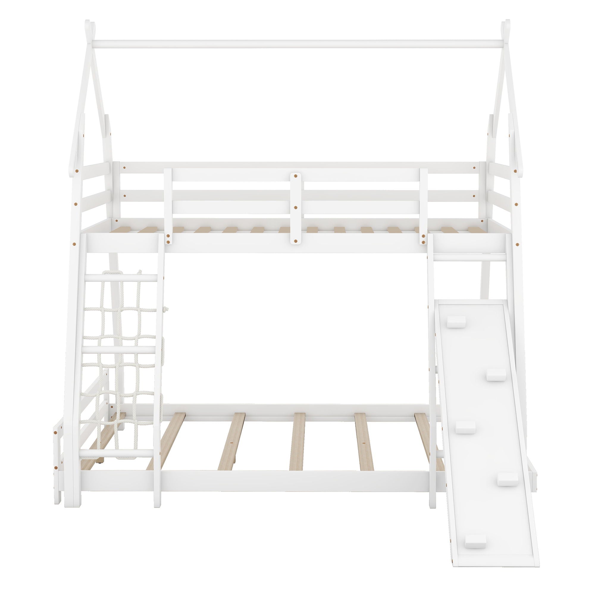 Twin Over Queen House Bunk Bed With Climbing Nets And Climbing Ramp