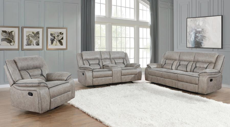 Greer - Upholstered Reclining Sofa Set Gray 3 Pc. Sofa, Loveseat, Chair by CoasterEveryday | Bel Furniture