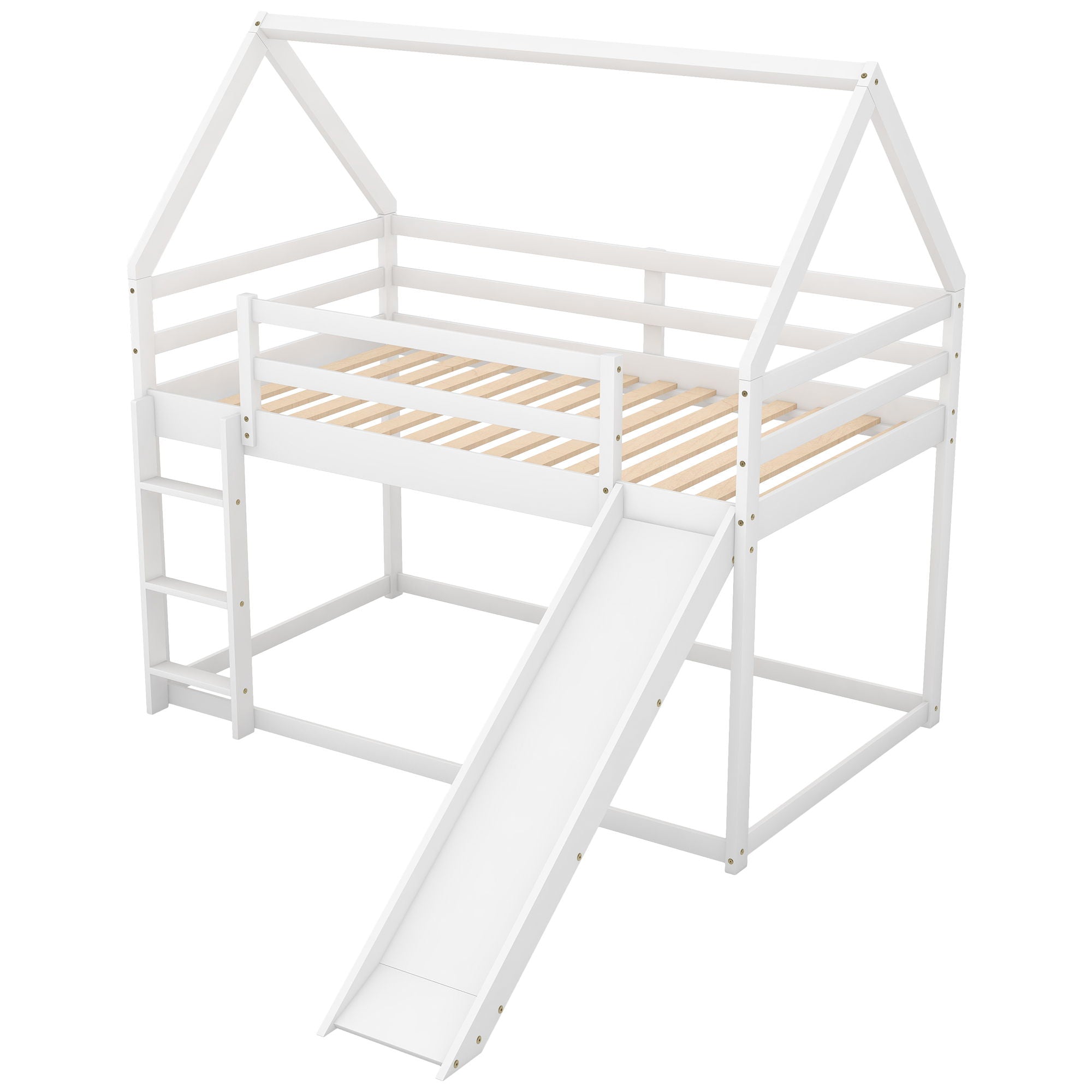 Twin Size Bunk House Bed With Slide And Ladder - White