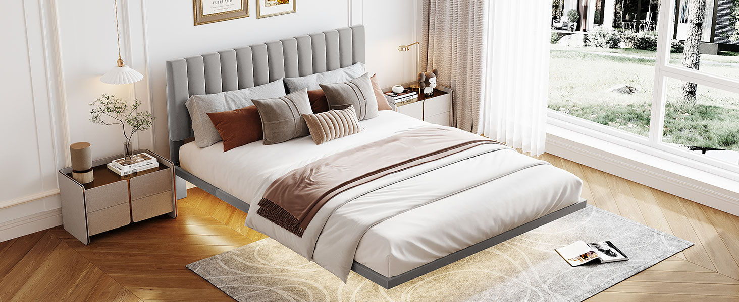 Upholstered Bed With Sensor Light And Headboard, Floating Velvet Platform Bed