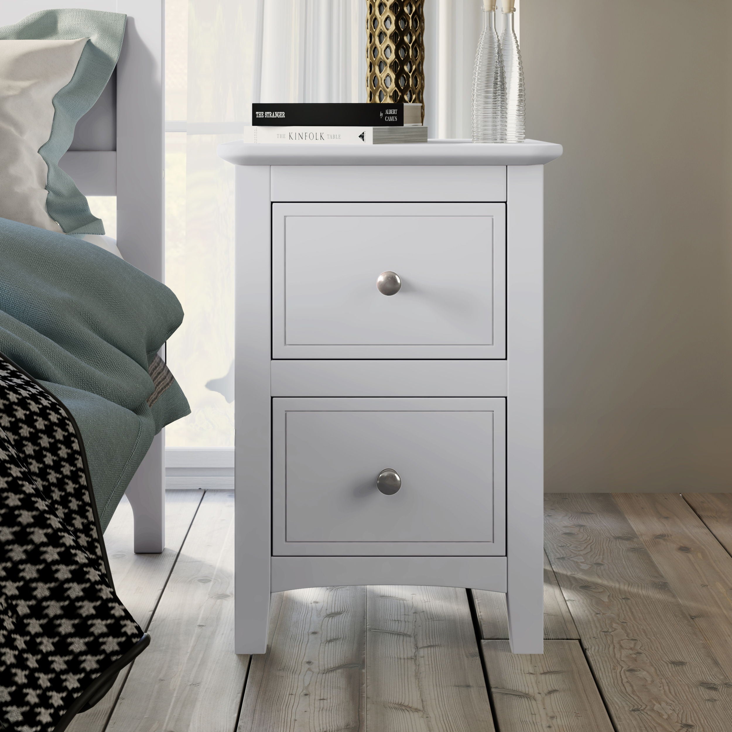 2 Drawers Solid Wood Nightstand End Table - White