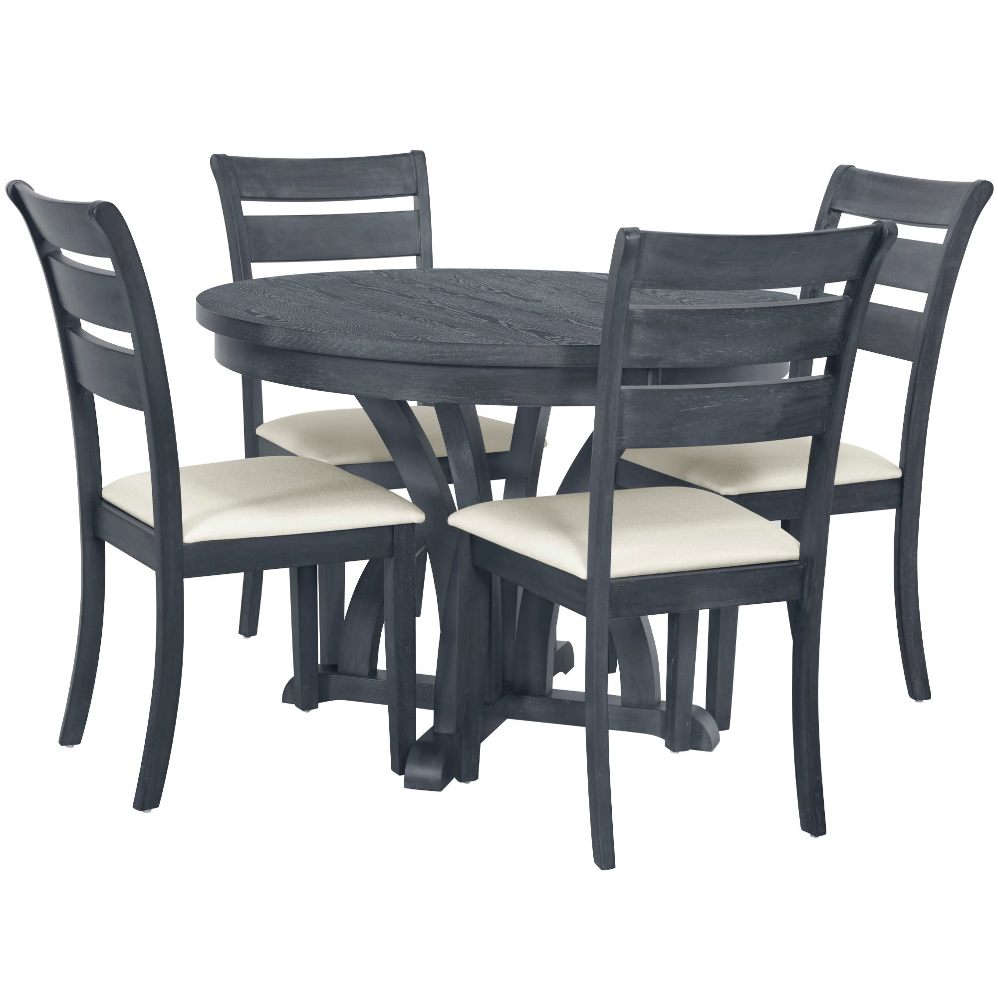 Topmax - 5 Piece Farmhouse Round Pedestal Extending Dining Table Set Extendable Kitchen Table Set With Removable Leaf And Ladder Back Dining Chairs For Small Places