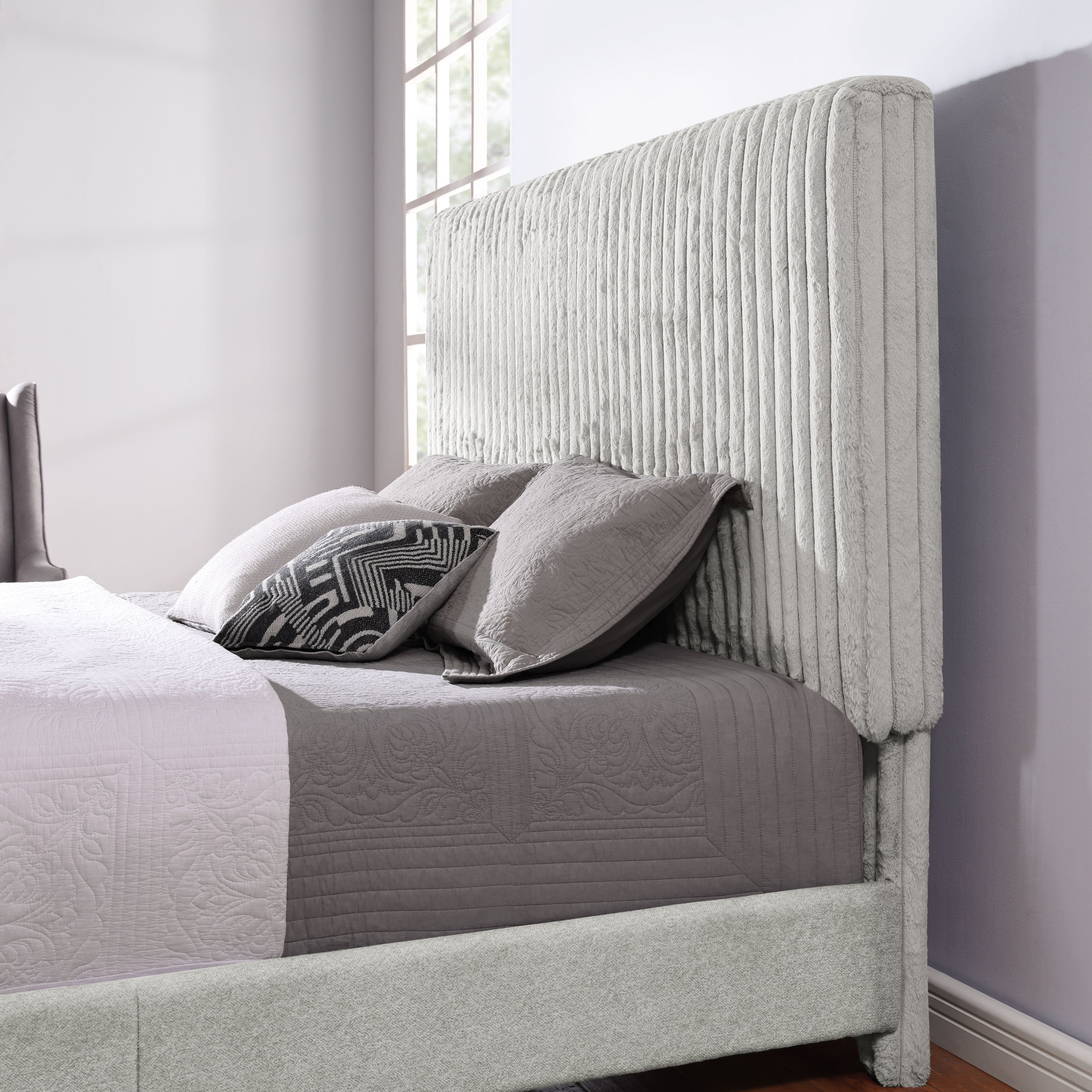 King Size Upholstered Platform Bed - Minky Stone