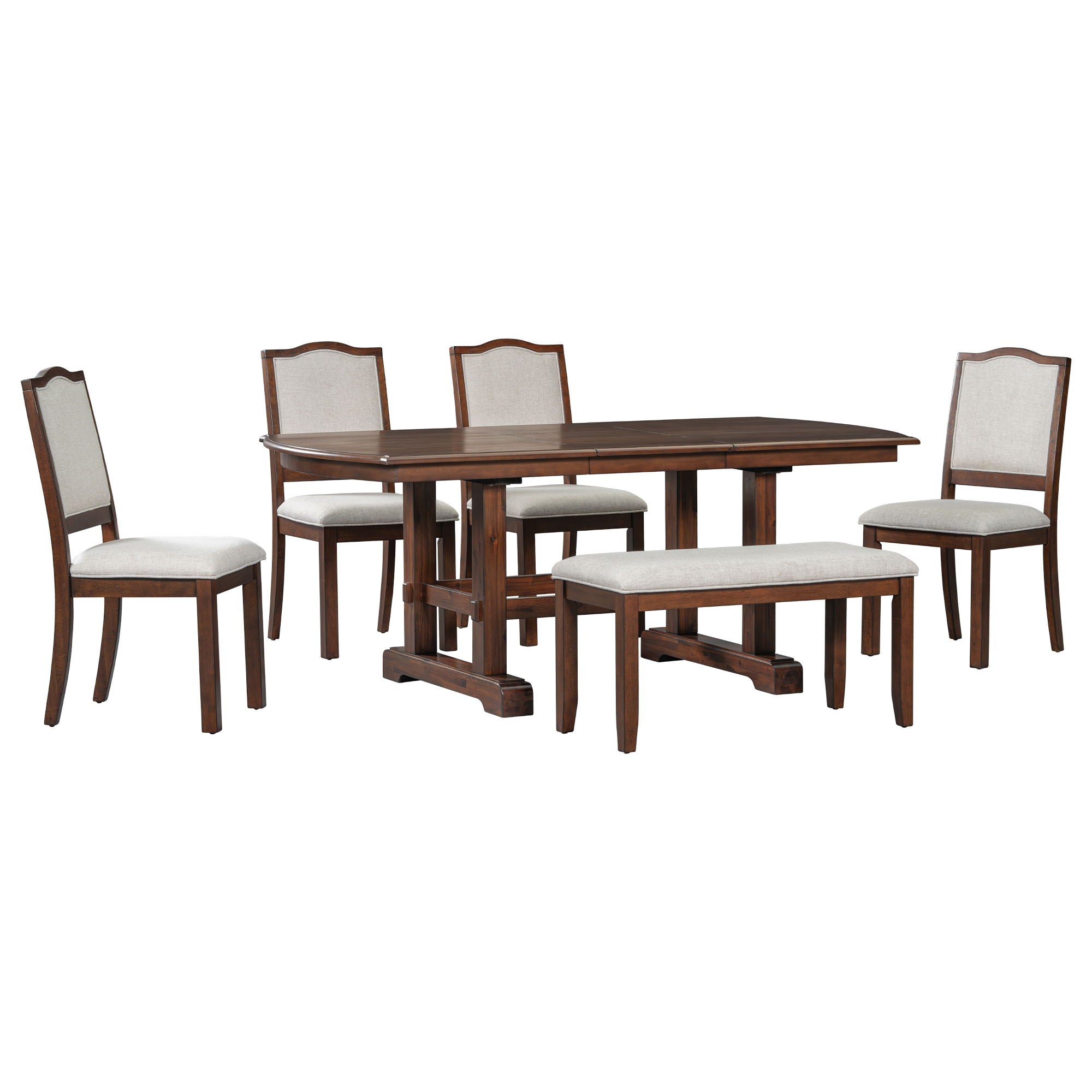 Extendable Wood Dining Table With Removable Leaf, Kitchen Table Set With 4 Upholstered Side Chair And Bench, Dining Table Set For 6 - Cherry