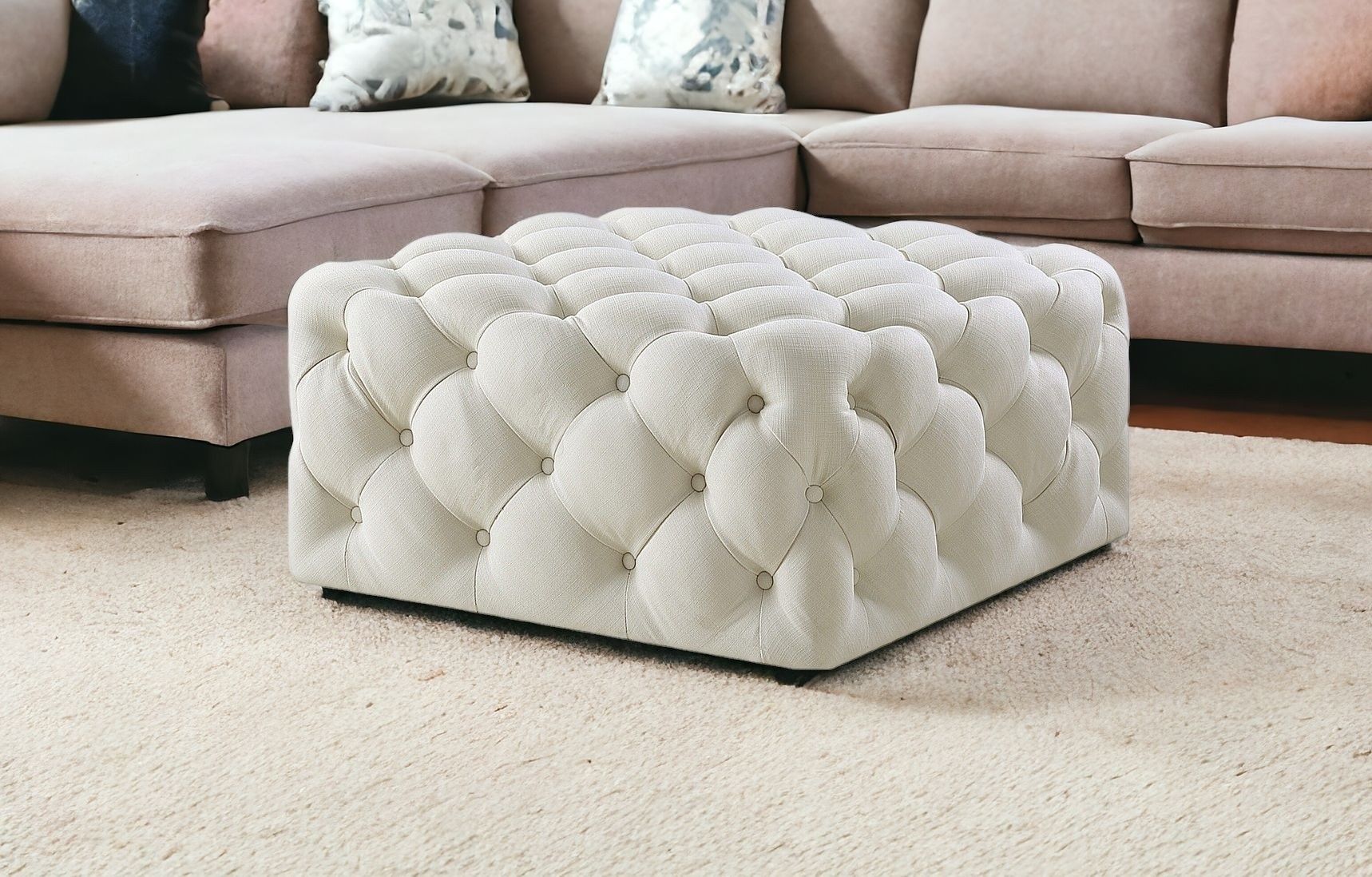 Linen Rolling Tufted Cocktail Ottoman - White